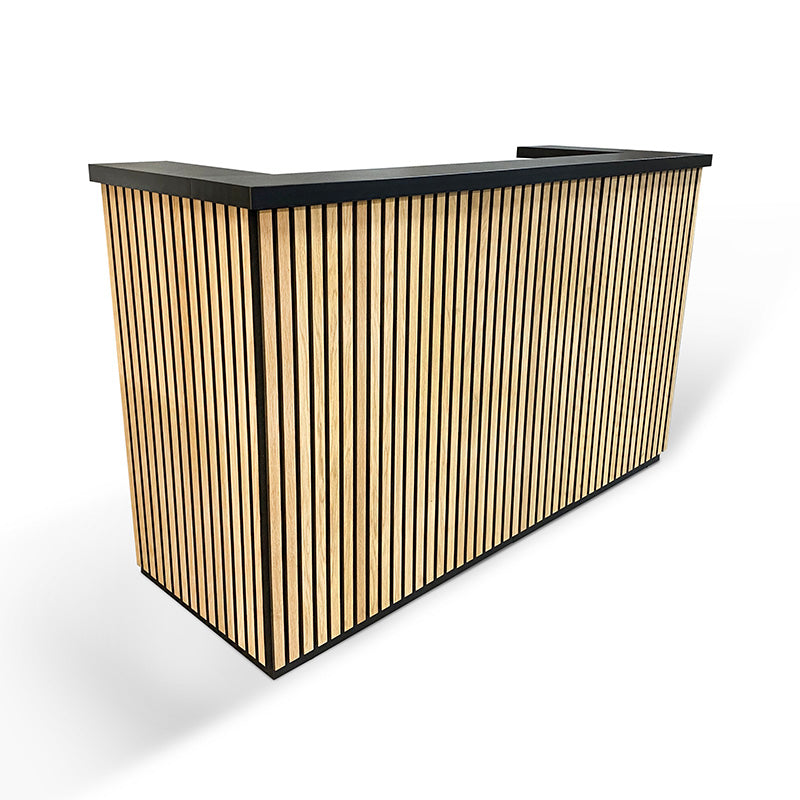 KENTO 180cm Reception Desk with Timber Slat Acoustic Panel in Black & Oak - Perfect for Office Lobby, Hotel Front Desk, and Corporate Waiting Areas
