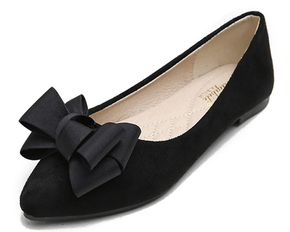 Elegant Women's Pointed Toe Bow-Knot Ballet Flats - Soft Suede Dress Shoes for Work & Office | Comfortable Slip-On Shoes for Women | Perfect for Business, Weddings & Formal Occasions