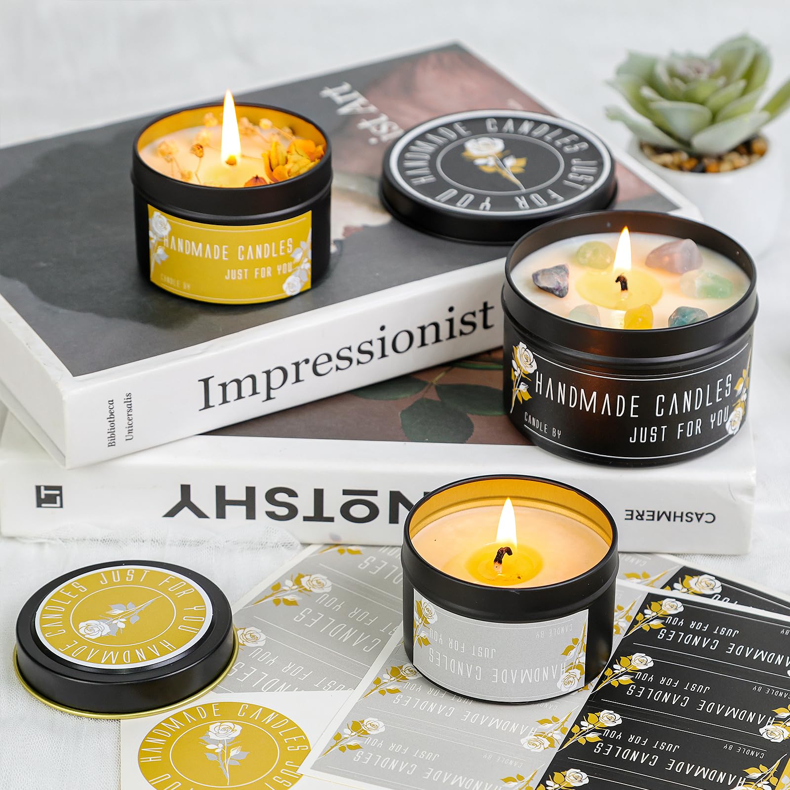 CONNOO 24 Pack Candle Tins - 12pcs 8oz & 12pcs 4oz Matte Black Empty Candle Jars with Lids for DIY Candle Making, Storage & Gifts - Includes Sticky Warning Labels - Perfect for Home Decor, Wedding Favors & Aromatherapy
