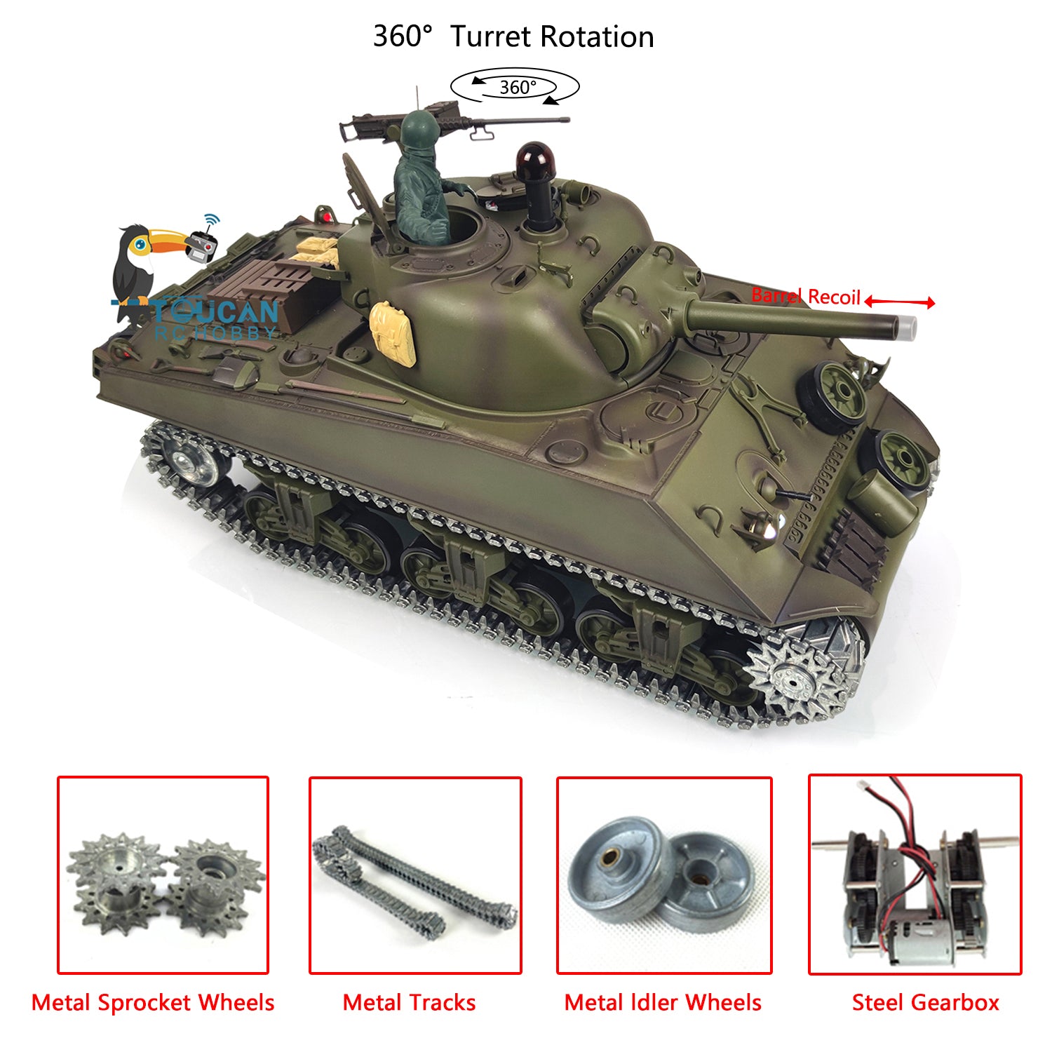 1/16 Henglong M4A3 Sherman Upgraded RC Tank - 7.0 Version with Barrel Recoil, 360° Rotating Turret & BB Shooting Sound Effects | Perfect for Military Enthusiasts, Collectors and RC Hobbyists | Great for Outdoor Battles, Display and Historical Reenactments