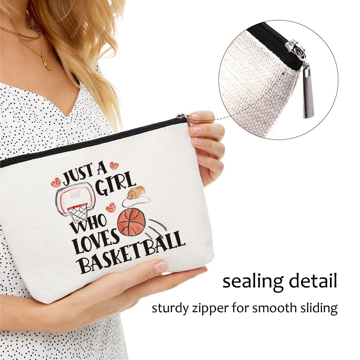 Basketball Makeup Bag - Cute Travel Cosmetic Case for Girls & Basketball Lovers | Perfect Birthday, Christmas Gift for Bestie, Sister | Just A Girl Who Loves Basketball | Gym, Travel & Game Day Essentials