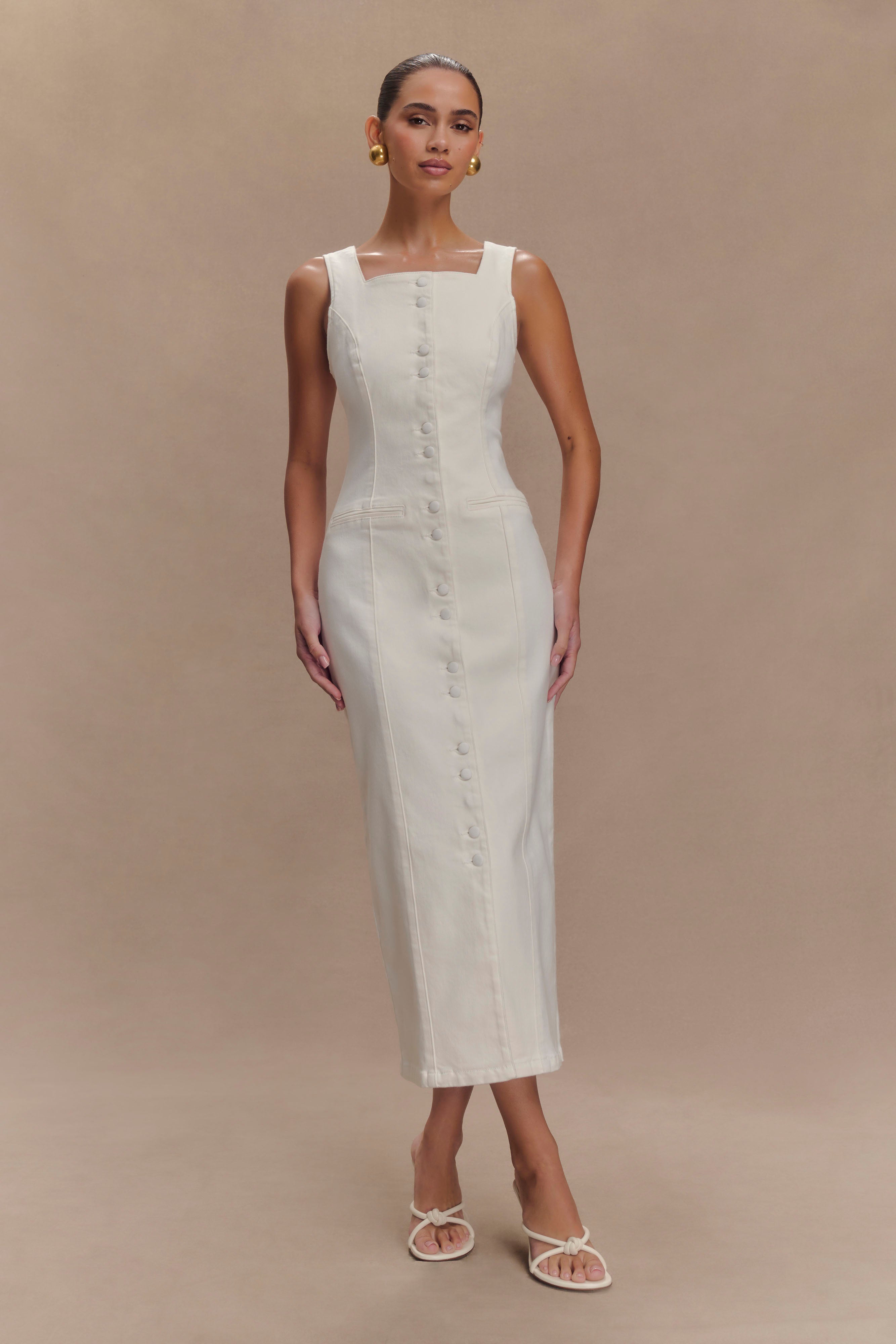 Reyna Denim Midi Dress for Women - White | Casual & Summer Style | Perfect for Brunch, Beach Outings & Date Nights