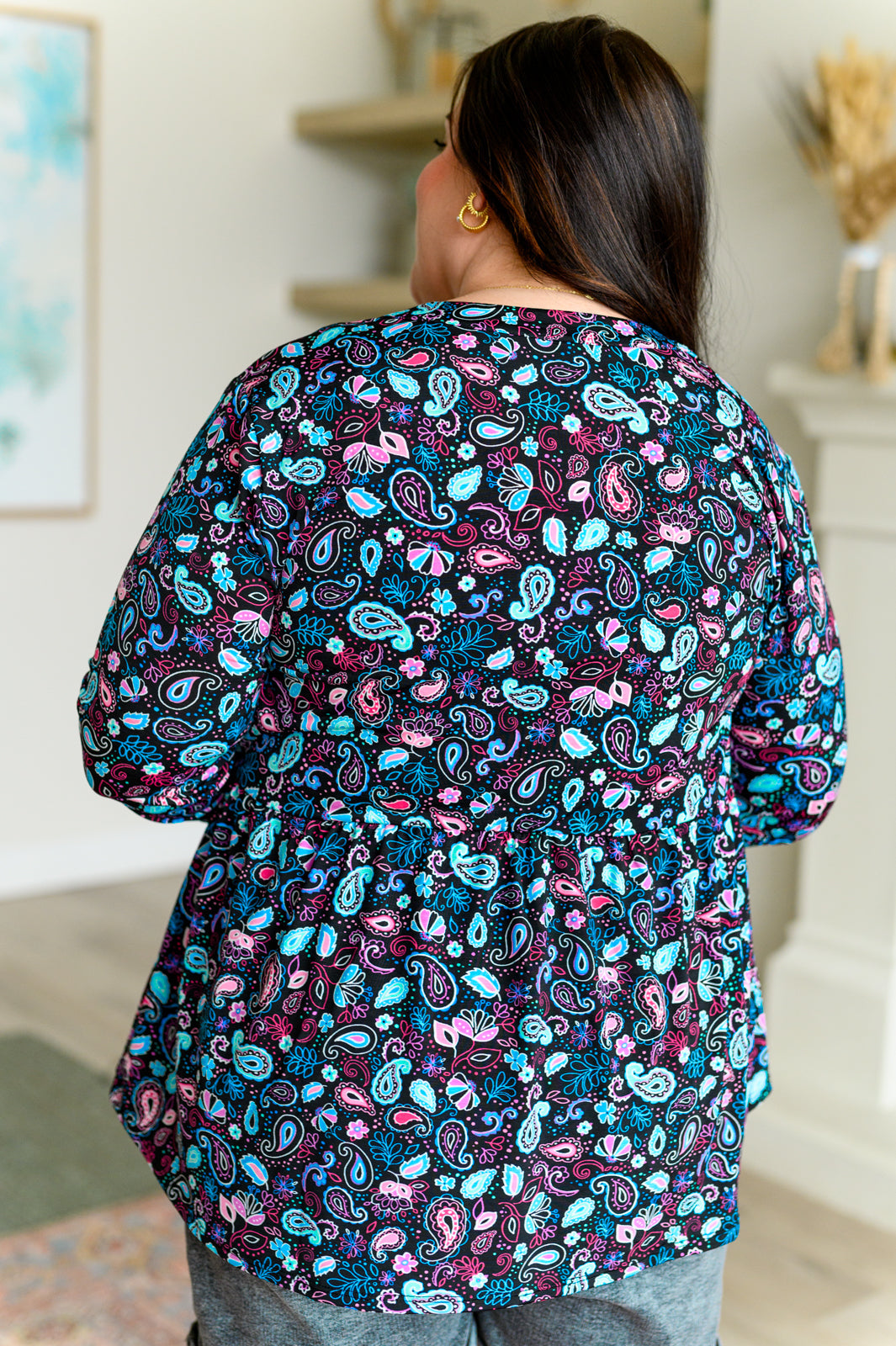 Lizzy Babydoll Top - Black Petite Paisley Print Women's Blouse | Casual Wear, Date Night & Party Outfit