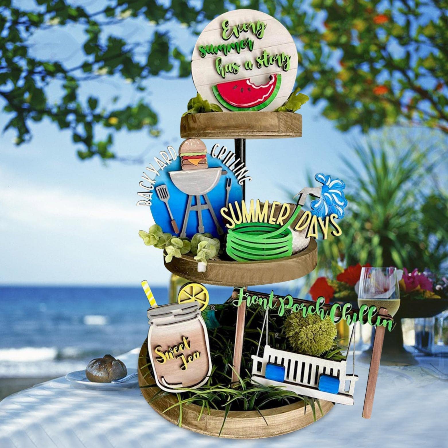 Pomobie 5-Piece Summer Tiered Tray Decor Set - Wooden Seasonal Home Decor with Inspirational Signs, Beach & Fruit Theme - Perfect for Kitchen Countertops, Coffee Tables, and Summer Party Decorations