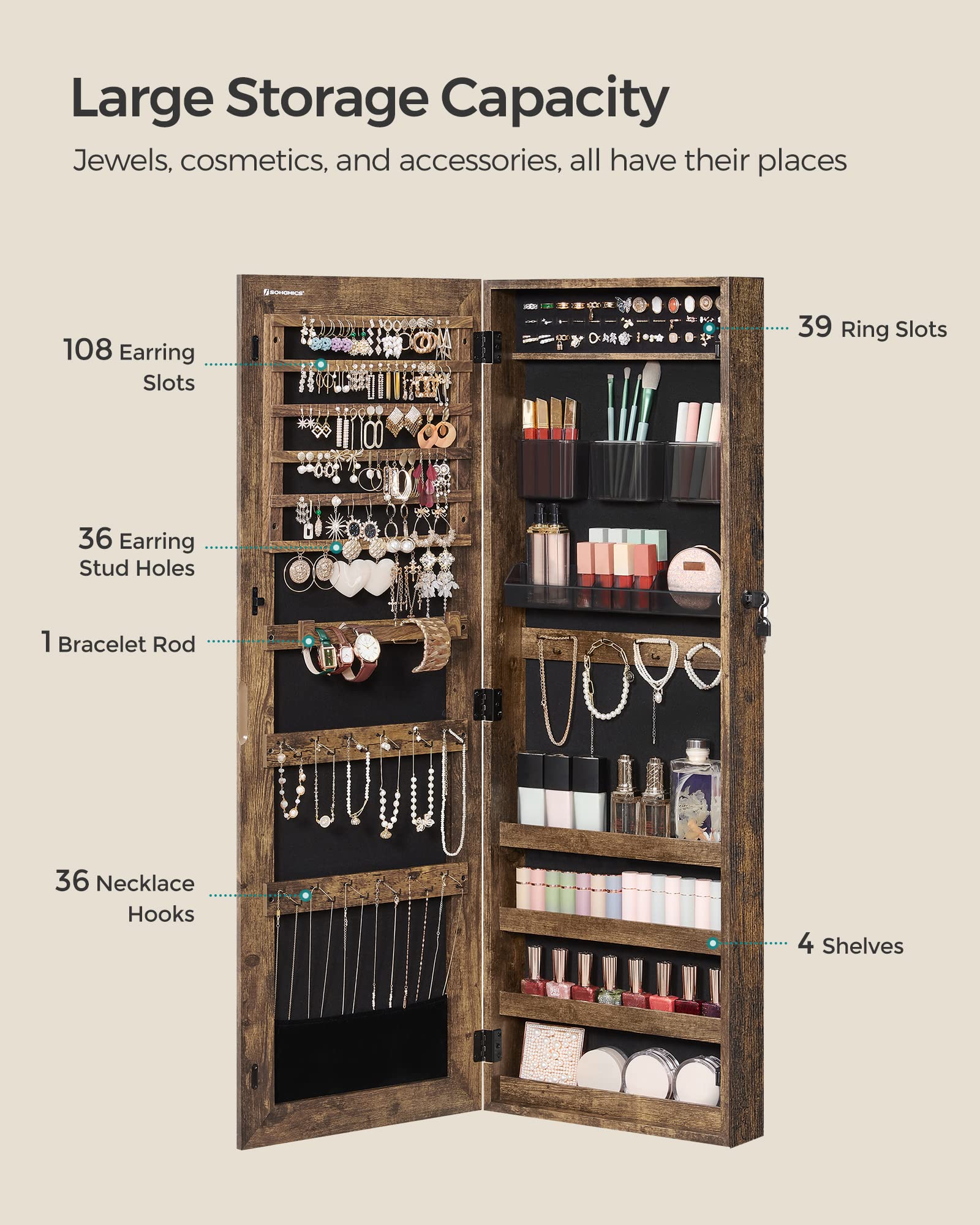 SONGMICS Jewelry Armoire Cabinet with Lock, Wall-Mounted Jewelry Organizer with 2 Cosmetic Trays & Full-Length Mirror, Textured Brown UJJC001X01 - Perfect for Bedroom, Closet & Dressing Room Organization