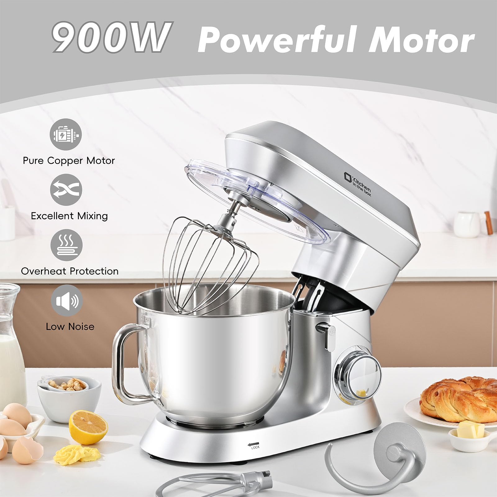 900W 7.5QT Stand Mixer - 6-Speed Tilt-Head with Dough Hook for Baking (Silver) - Perfect for Home Bakers