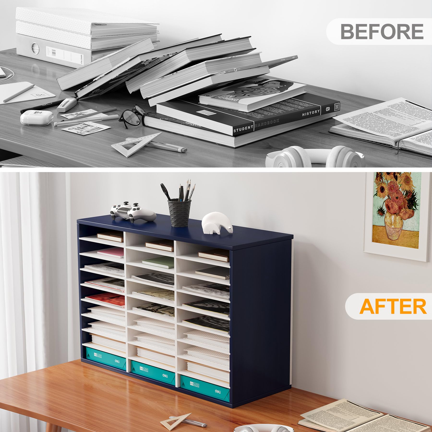 TQVAI 27-Slot Wooden Mail Sorter Organizer for Home & Office - Navy Blue/White Desktop File Holder, Paper Tray, Classroom Mailbox - Perfect for Office Organization, Teacher Supplies, and Home Mail Management