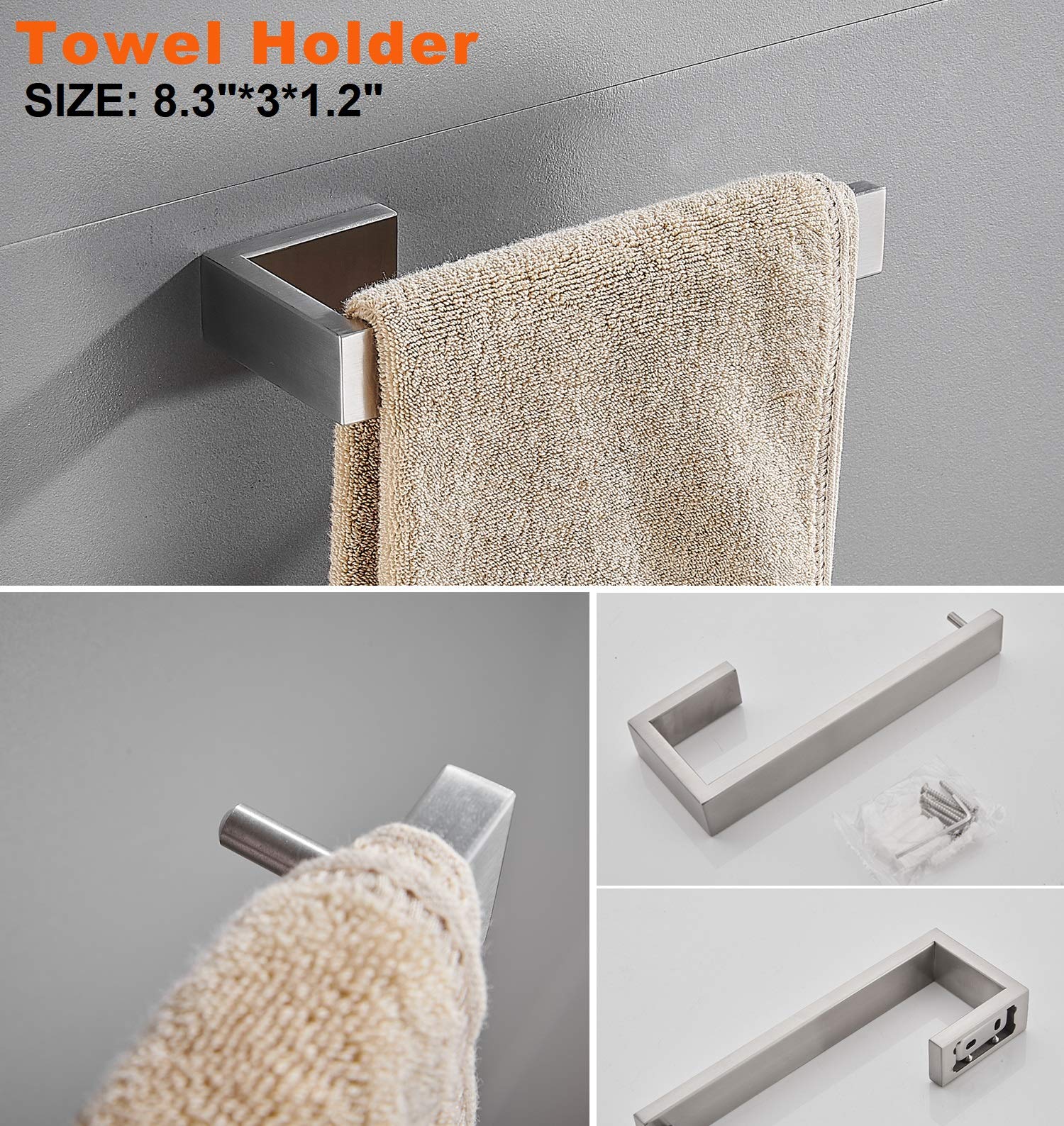 4-Piece Brushed Nickel Towel Bar Set - SUS304 Stainless Steel Bathroom Hardware Accessory with Towel Rod, Toilet Paper Holder & Double Robe Hook - Perfect for Modern Bathrooms, Spas and Luxury Hotels