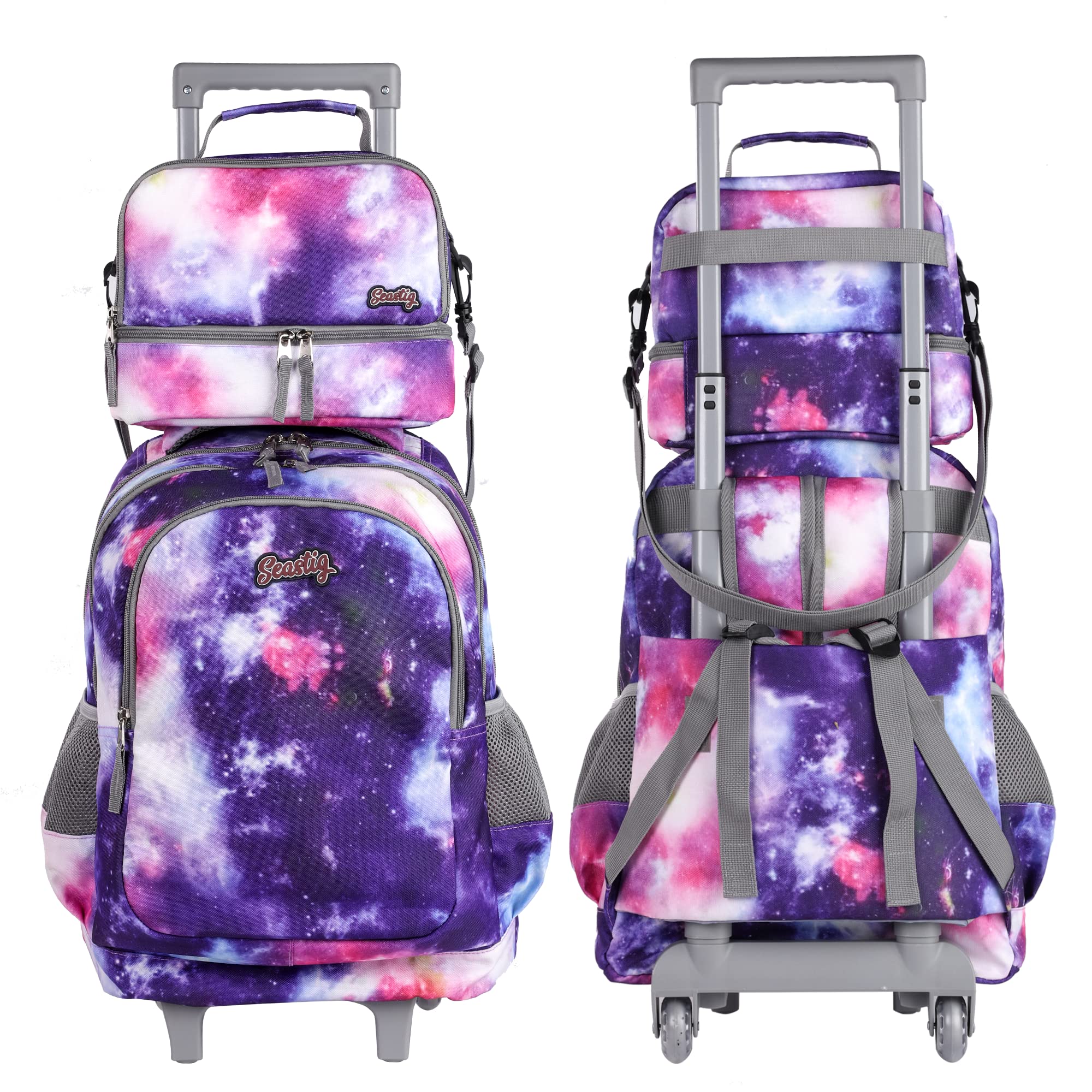 Seastig 18-Inch Rolling Backpack for Kids - Double Handle Wheeled Backpack with Detachable Lunch Bag Set for School, Travel & Daily Use - Perfect for Boys & Girls