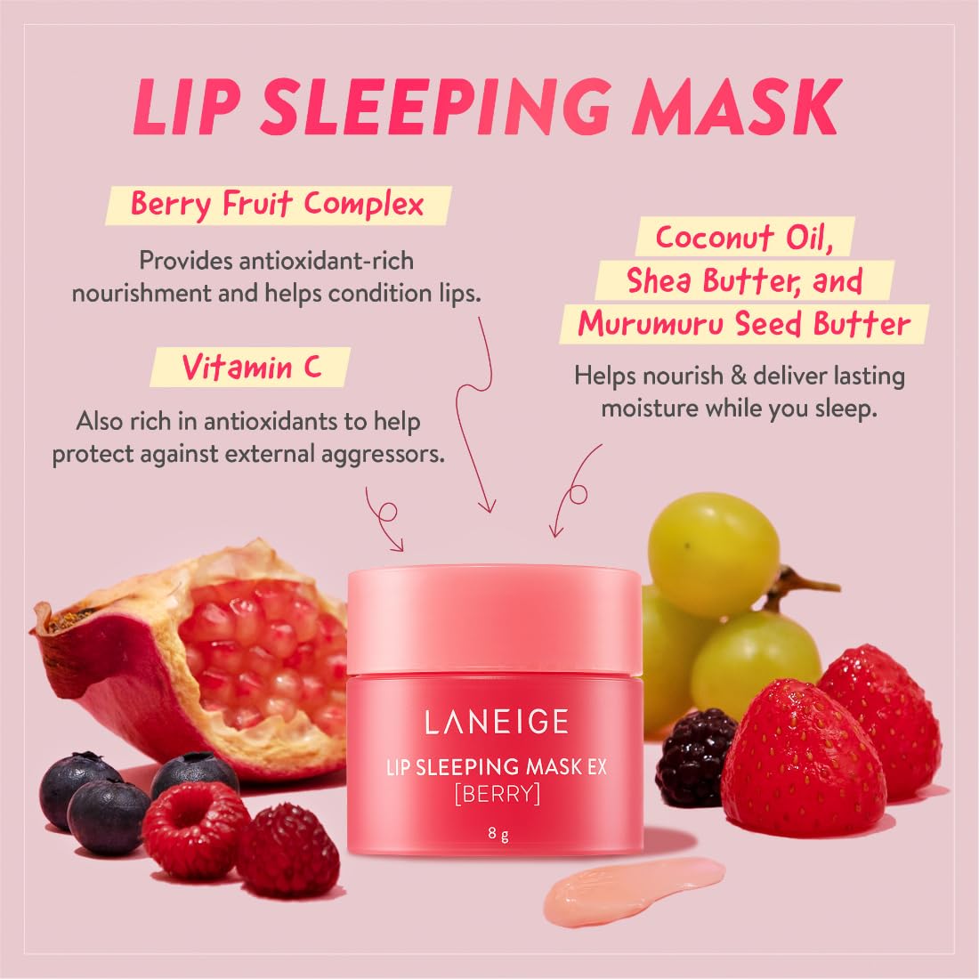 Laneige Lip Sleeping Mask EX - Berry, 8g | Hydrating Overnight Lip Treatment for Dry, Chapped Lips | Perfect for Nighttime Skincare Routine & Winter Lip Care