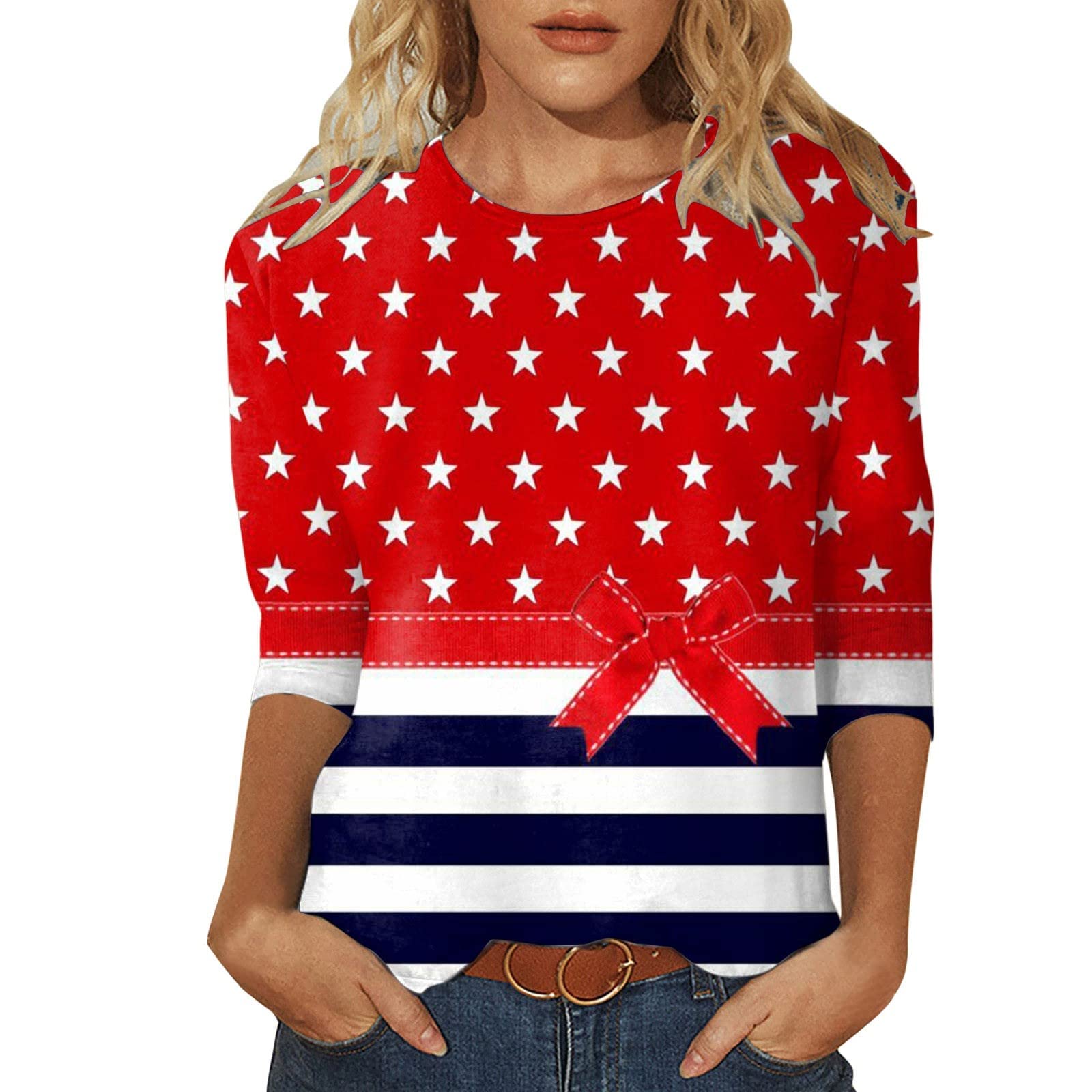 4th of July Shirts for Women - 3/4 Sleeve Patriotic American Flag Tops | Casual Loose Fit Crewneck Tee for Independence Day Celebrations, BBQ Parties & Summer Outings