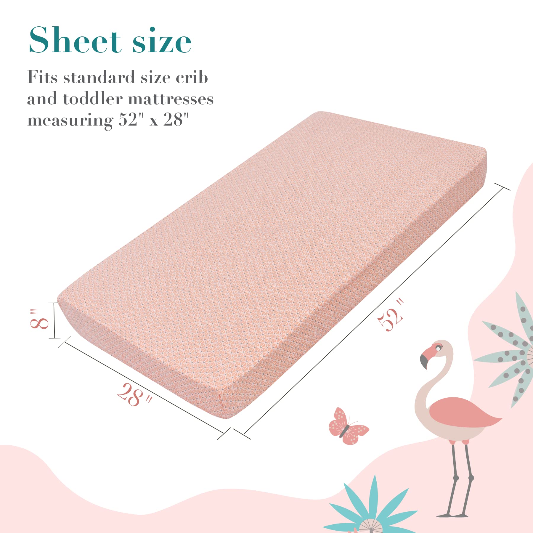 My Little Zone 100% Cotton Crib Fitted Sheets for Baby Girls - Soft Flamingo & Jungle Leaves Print, Breathable Toddler Bed Sheet Set, 28x52 Inches with 8
