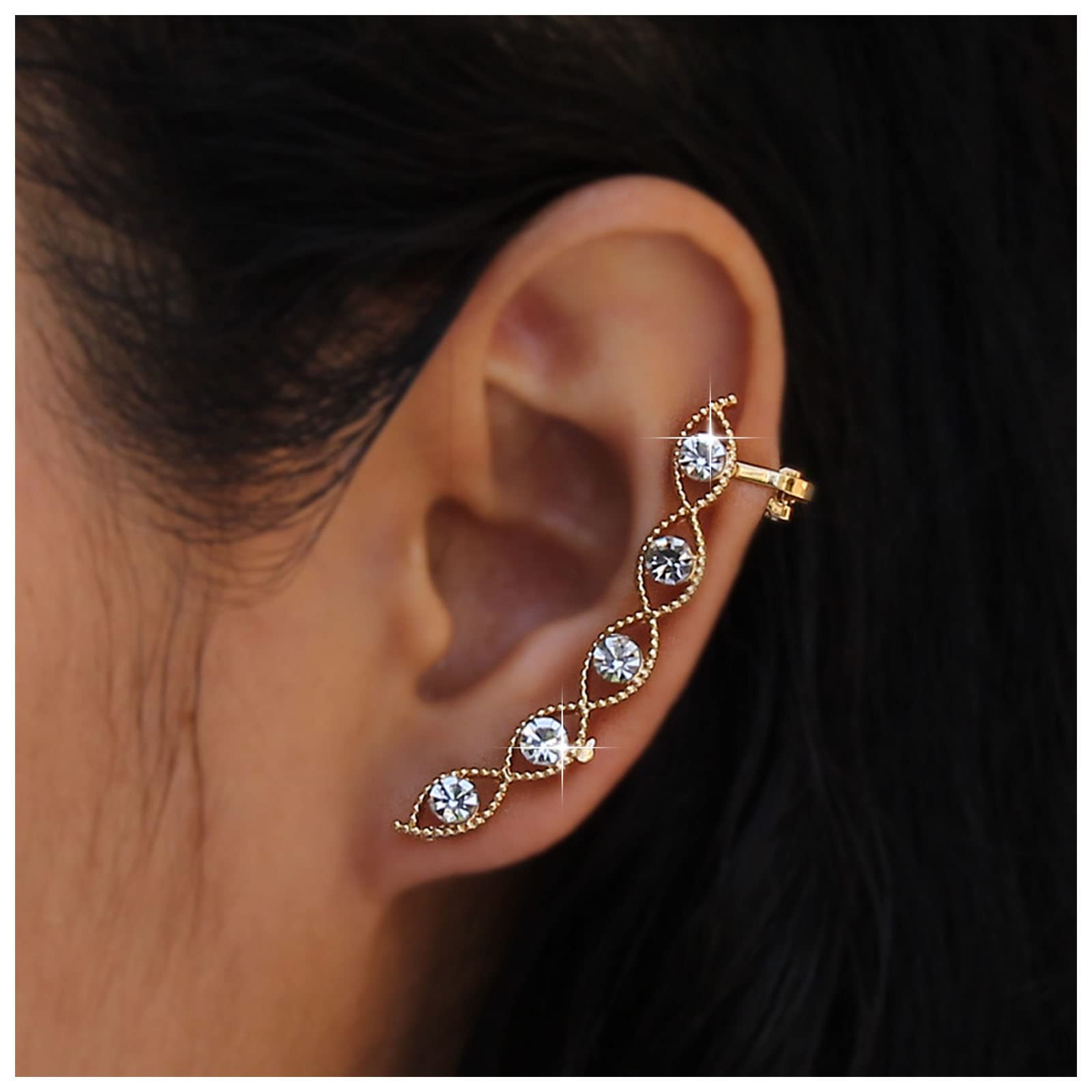 Dervivea Boho Evil Eye Ear Cuff Earrings - Gold Rhinestone Crystal Ear Climber Crawler, Lucky Eye Cartilage Wrap Cuff Jewelry for Women & Girls - Perfect for Parties, Festivals & Boho Fashion
