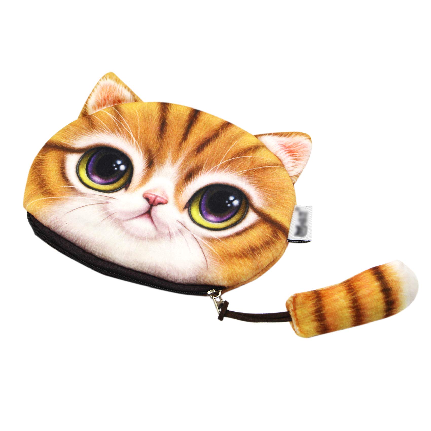 3D Plush Cat Face Coin Purse - Cute Kitty Money Bag with Tail Zipper, Yellow Wallet for Cash & Cards | Perfect for Makeup Storage, Gift Giving & Cosplay Accessories