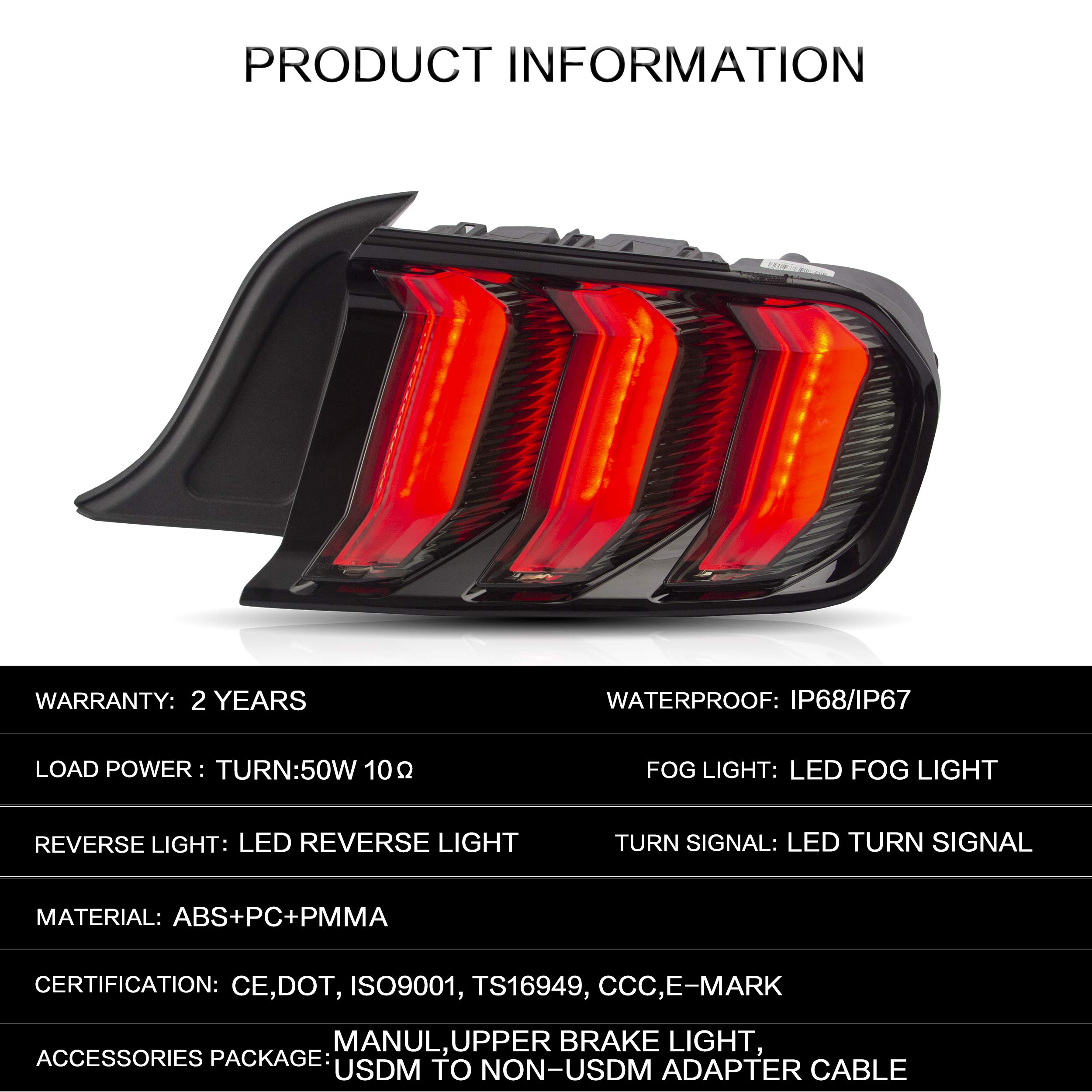 VLAND Smoked LED Tail Lights Assembly for Ford Mustang 2015-2020 - Sequential Turn Signals, 5 Lighting Modes, Plug & Play Installation - Upgrade Your Mustang's Rear Style for Night Driving & Car Shows