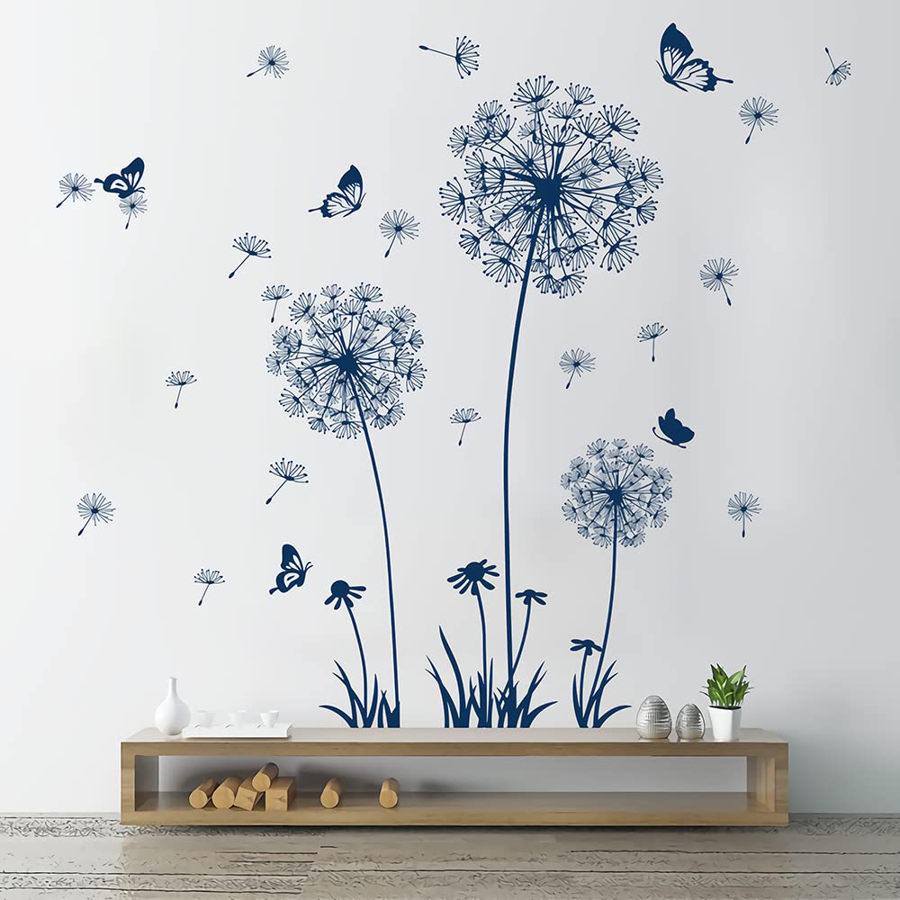 Supzone Blue Dandelion Wall Stickers with Butterflies - Floral Wall Decals for Bedroom, Living Room & TV Backdrop - Removable Wall Art Decor for Home, Office & Nursery (Perfect for DIY Home Decor & Party Backgrounds)