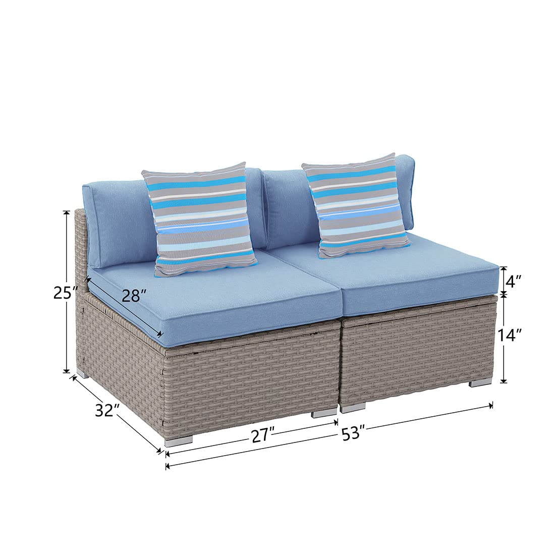 2-Piece Armless Chairs for Wicker Sectional Sofa Set - Denim Blue Thick Cushions & Striped Woven Pillows - Outdoor Patio Furniture for Garden, Pool, Backyard, Deck - Perfect for Relaxing and Entertaining Guests