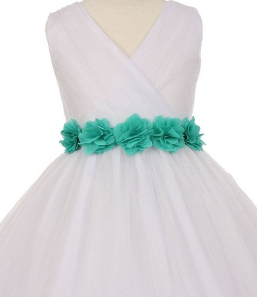 Little Girls White Tulle V-Neck Floral Sash Flower Dress - Perfect for Birthday Parties, Pageants & Special Occasions