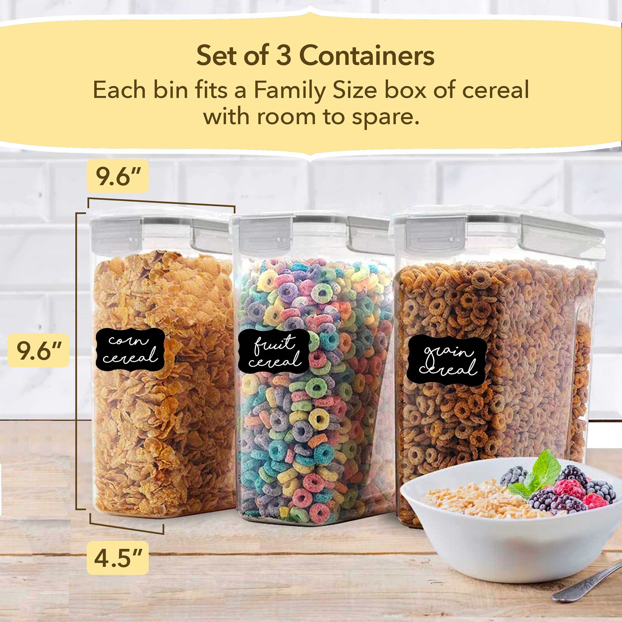 Simply Gourmet Cereal Storage Containers Set - 3 Airtight Food Canisters with Lids for Kitchen Pantry Organization | Perfect for Cereal, Flour, Sugar, Pasta & Dry Food Storage