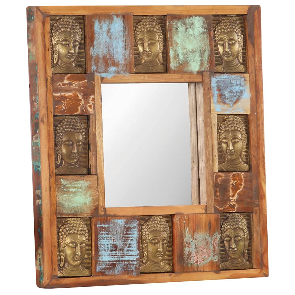 Rustic Wooden Wall Mirror with Buddha Cladding - 19.7