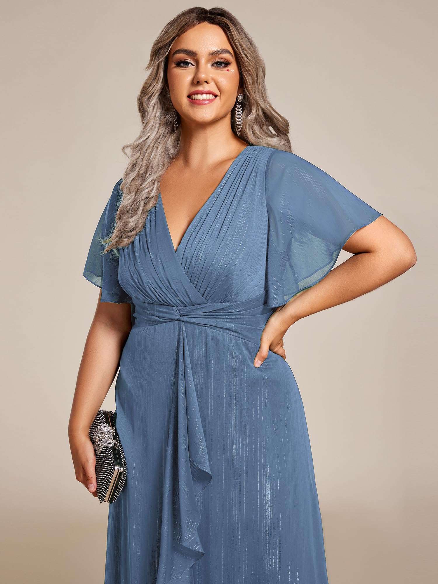 Ever-Pretty Plus Size Women's V-Neck Pleated A-Line Midi Dress with Short Sleeves - Semi-Formal Party Dress for Weddings, Office Wear & Special Occasions (Style 02131-DA)