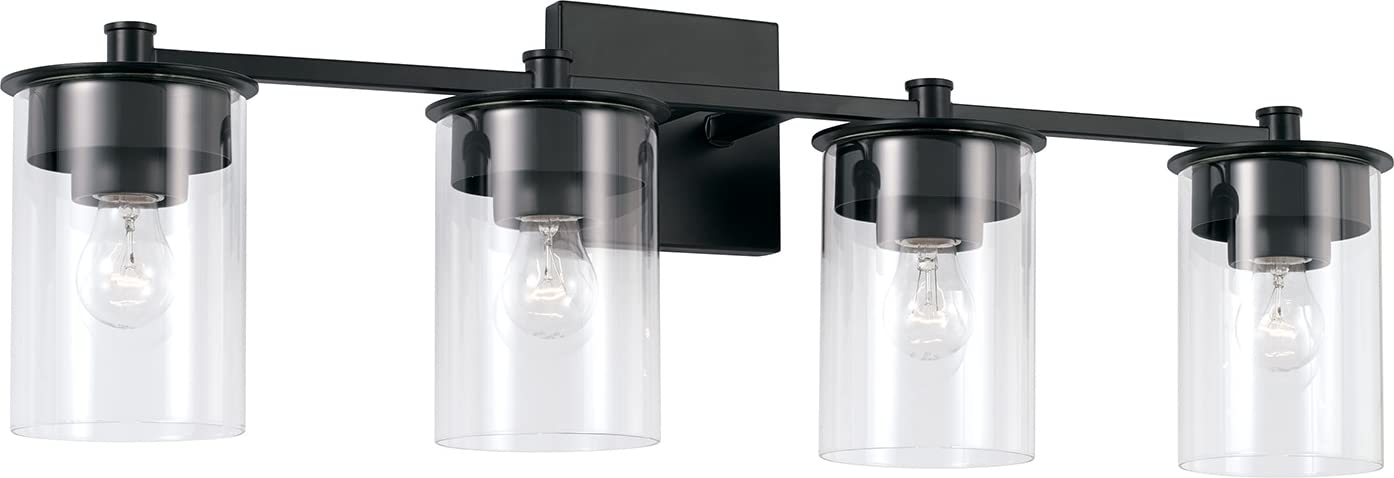 HomePlace Lighting 146841MB-532 4-Light Black Vanity Light with Clear Glass Cylinder - 400W Bathroom Lighting Fixture, 9