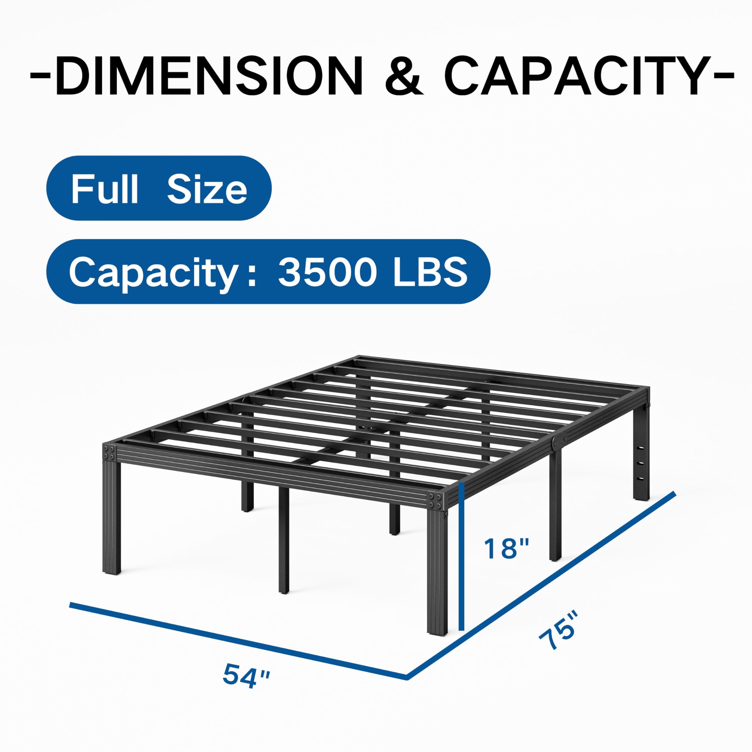 ZIYOO Full Size Bed Frame - 18 Inch Heavy Duty Platform Bed with 3500lbs Steel Slats | No Box Spring Needed, Non-Slip Design, Easy Assembly & Noise Free | Under Bed Storage Space (Black) - Perfect for Small Bedrooms, Guest Rooms & Dormitories