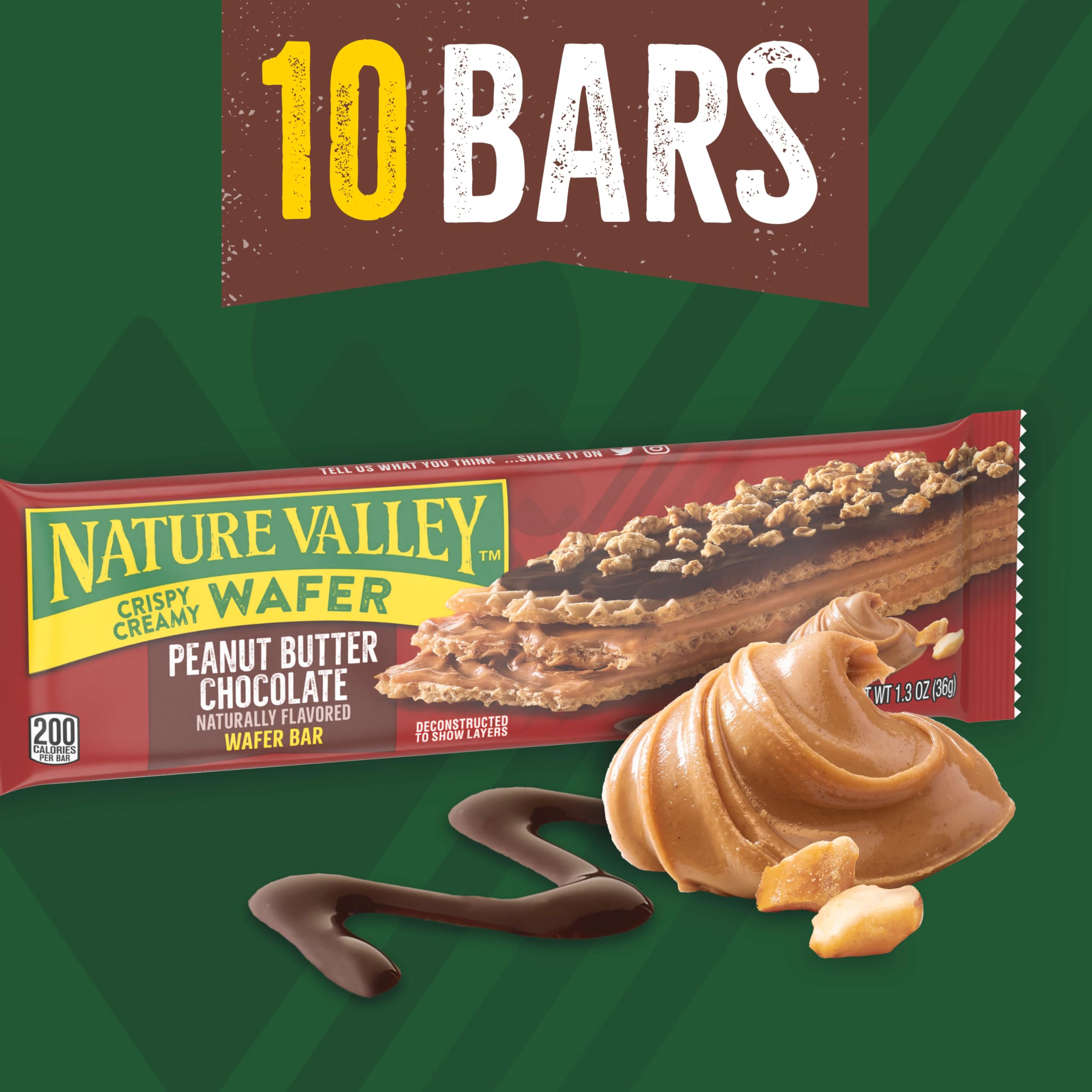Nature Valley Peanut Butter Chocolate Wafer Bars - 10 Pack (13 OZ) | Crunchy Snack Bars for Hiking, Office & School Lunch | Gluten Free Granola Bars for Kids & Adults