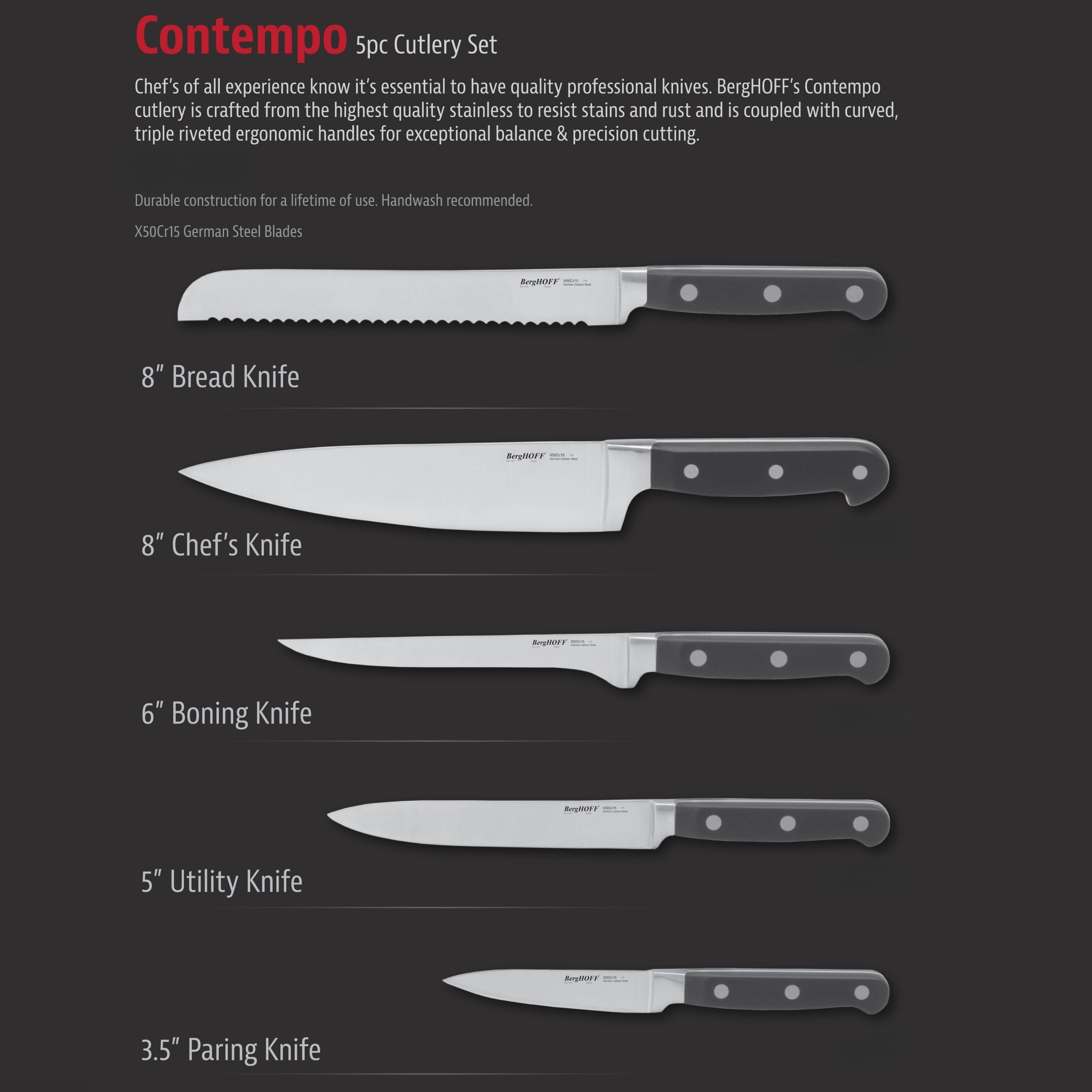 BergHOFF Essentials Contempo 5-Piece Stainless Steel Knife Set - Premium Kitchen Cutlery for Slicing, Dicing & Chopping - Perfect for Home Chefs & Cooking Enthusiasts