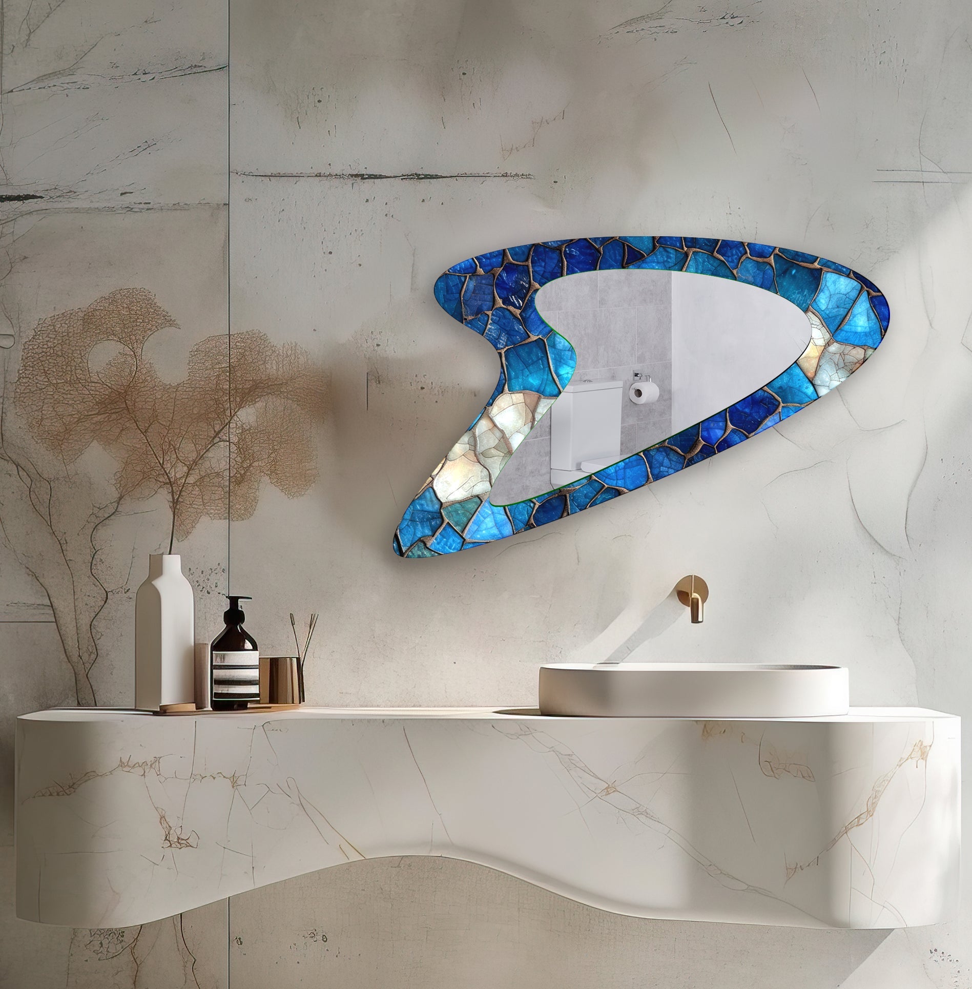 Blue Stained Modern Glass Wall Mirror - Elegant Home Decor for Living Room, Bedroom & Entryway - Perfect for Adding Style & Depth to Any Space