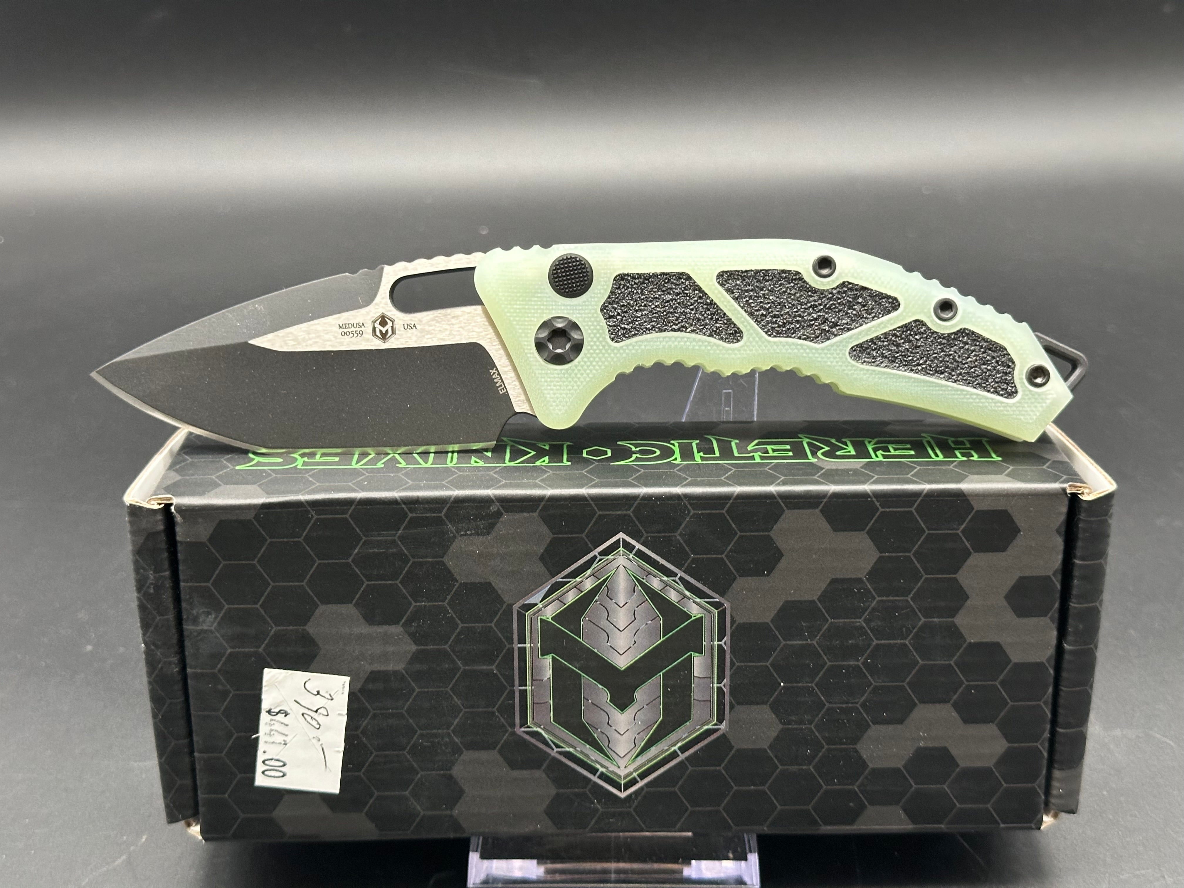Heretic Knives Medusa Automatic Knife - Black Tanto Blade with Jade G10 Handle - Tactical EDC, Outdoor Survival & Everyday Carry Knife
