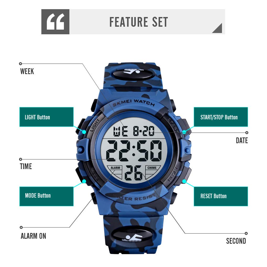FIZILI Kids Digital Sports Watch - Waterproof Boys & Girls Wristwatch with Alarm, Stopwatch, 12/24H Time & Calendar - Perfect for Outdoor Activities, School & Sports (Ages 3-15)