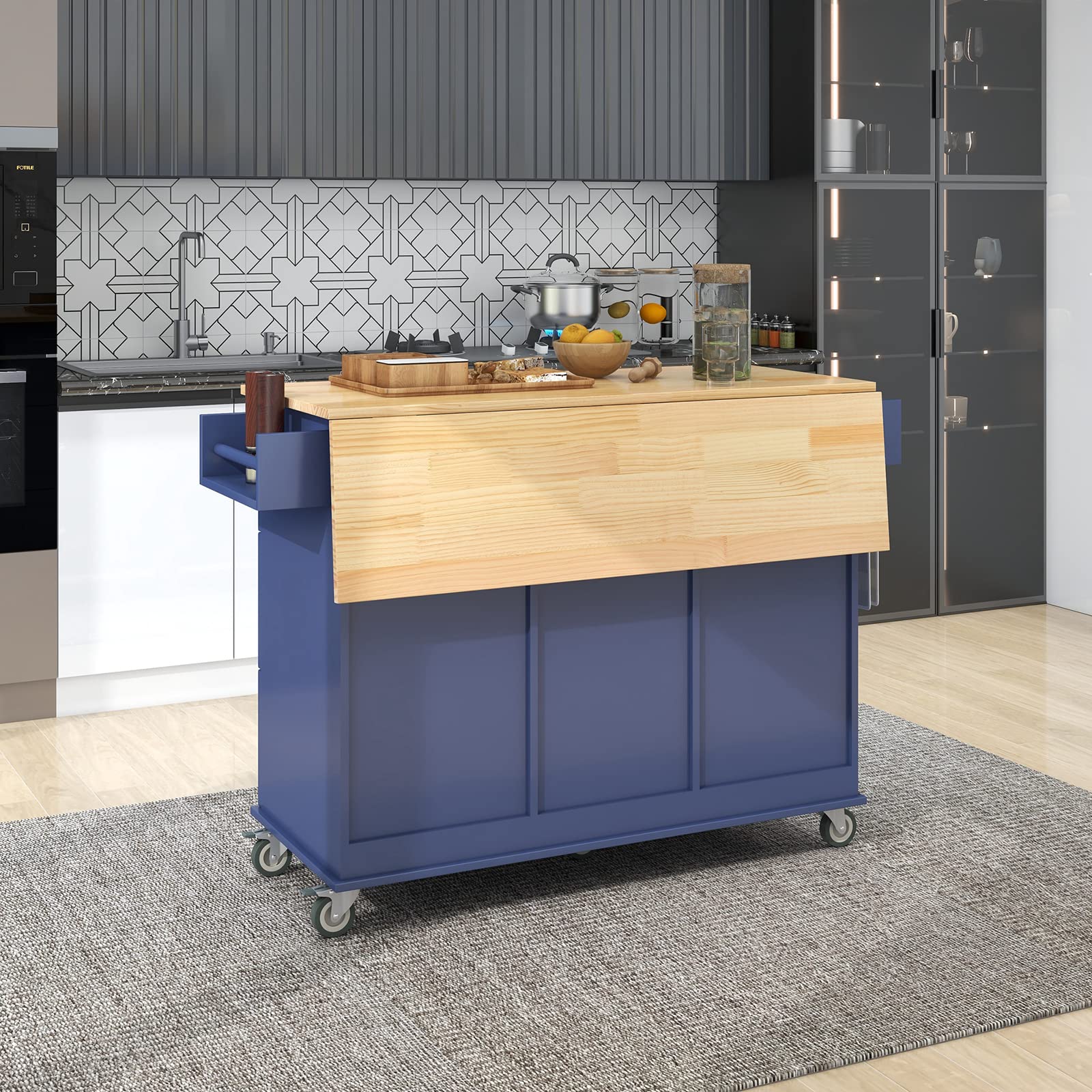 Tmosi Rolling Kitchen Island Cart with Storage - Mobile Kitchen Cabinet with Drop Leaf, Spice Rack, Towel Rack & Drawer - Perfect for Small Kitchens, Dining Rooms & Apartments (Dark Blue)