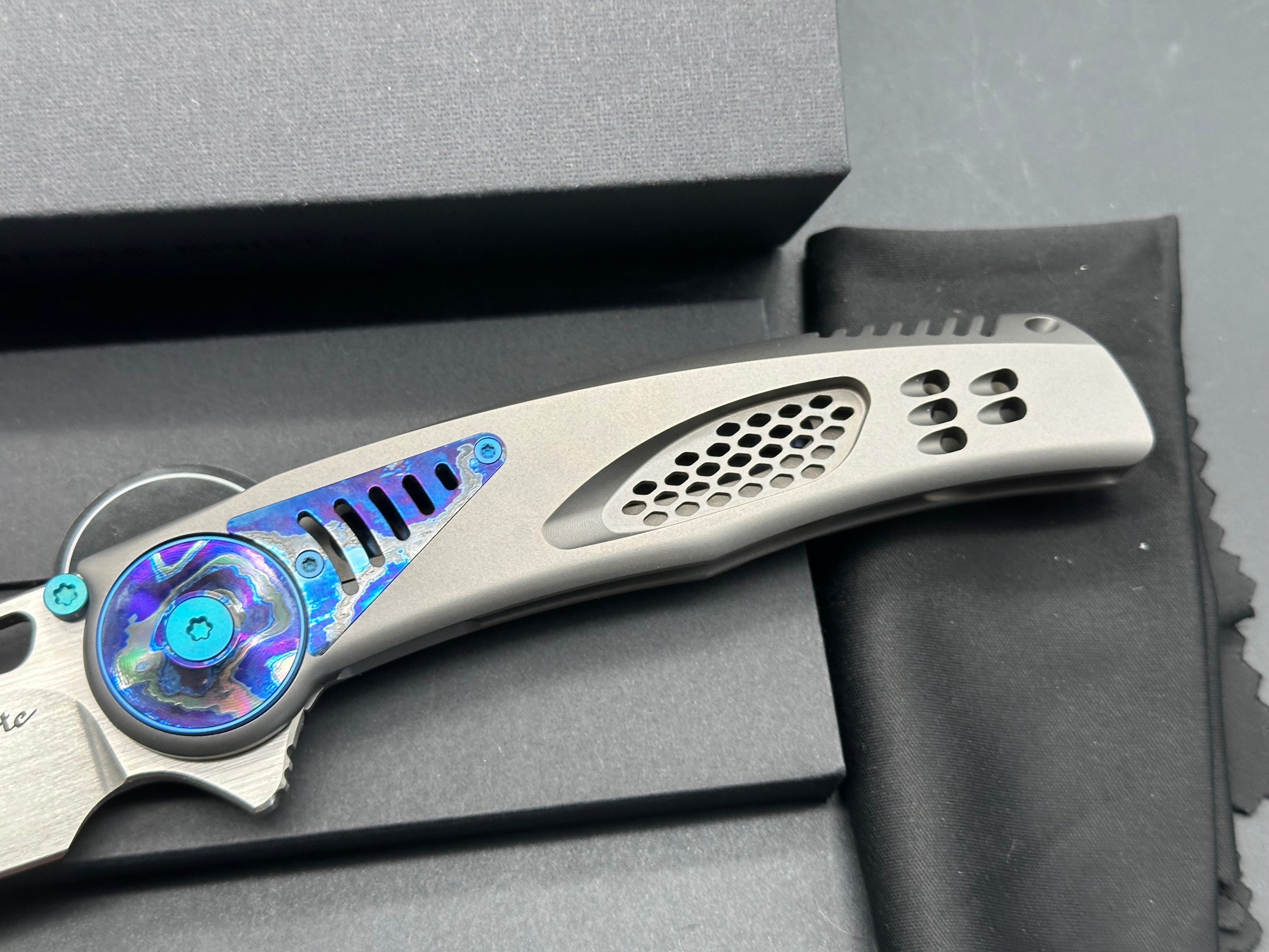 Reate Knives & Alvin Lee GTR - Grey Milled Integral Titanium Handle with Zirconium Inlays & Blue Anodized Accents - Premium EDC Folding Knife for Outdoor, Camping & Everyday Carry