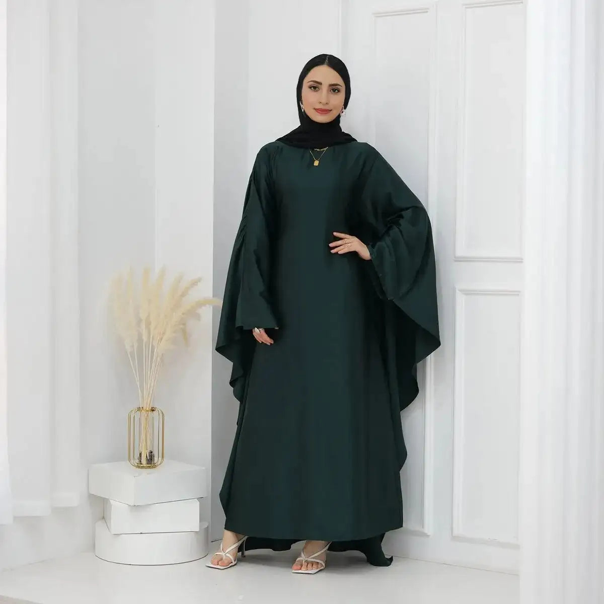 Elegant Butterfly Batwing Sleeve Satin Farasha Abaya Dress with Inner Belt - Modest Muslim Women's Prayer Dress for Special Occasions & Evening Events