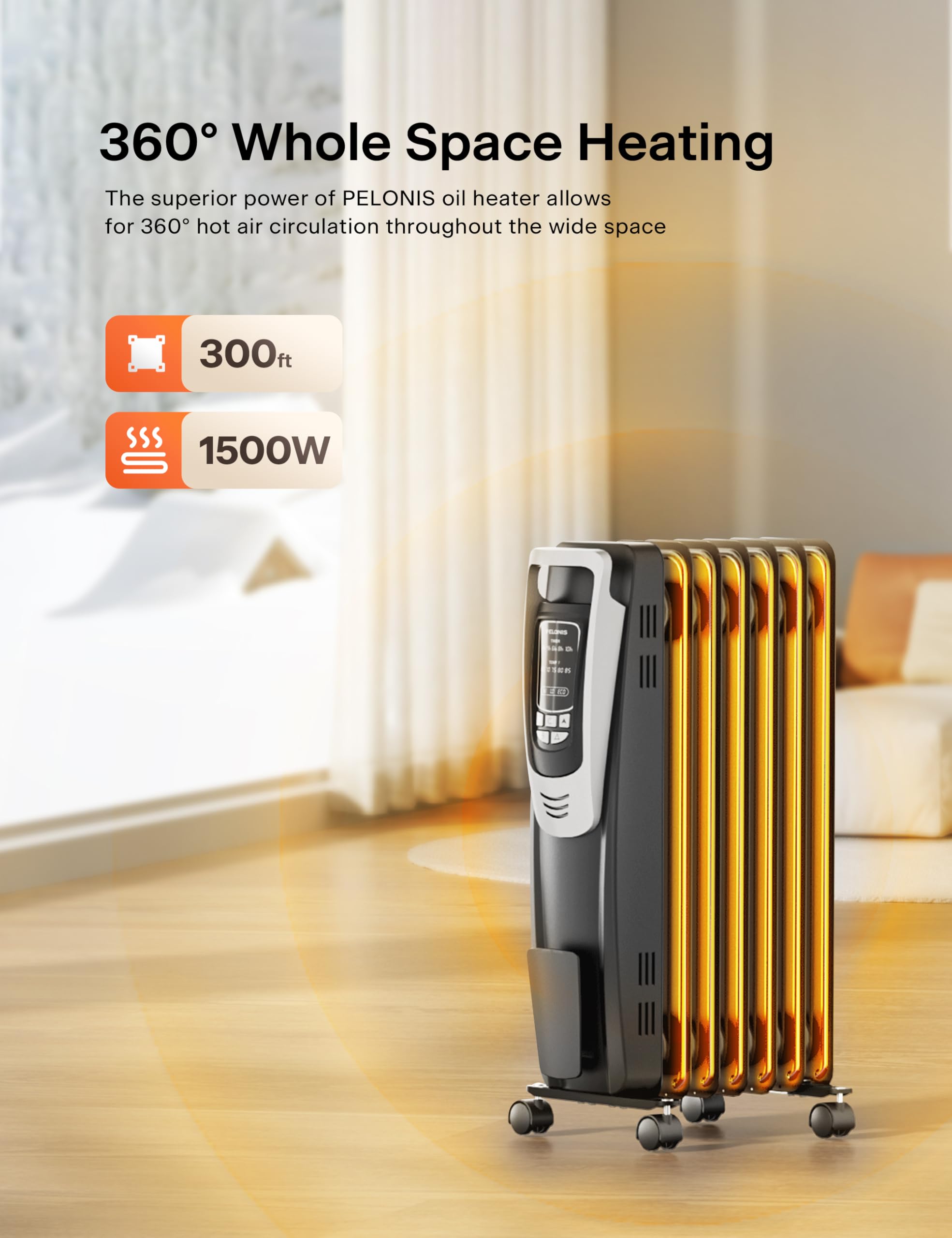 PELONIS Oil Filled Radiator Heater with Remote Control - 1500W Quiet Space Heater with Thermostat, LED Display & 5 Heat Settings - Overheat & Tip-Over Protection for Large Rooms, Bedroom, Office - Silver