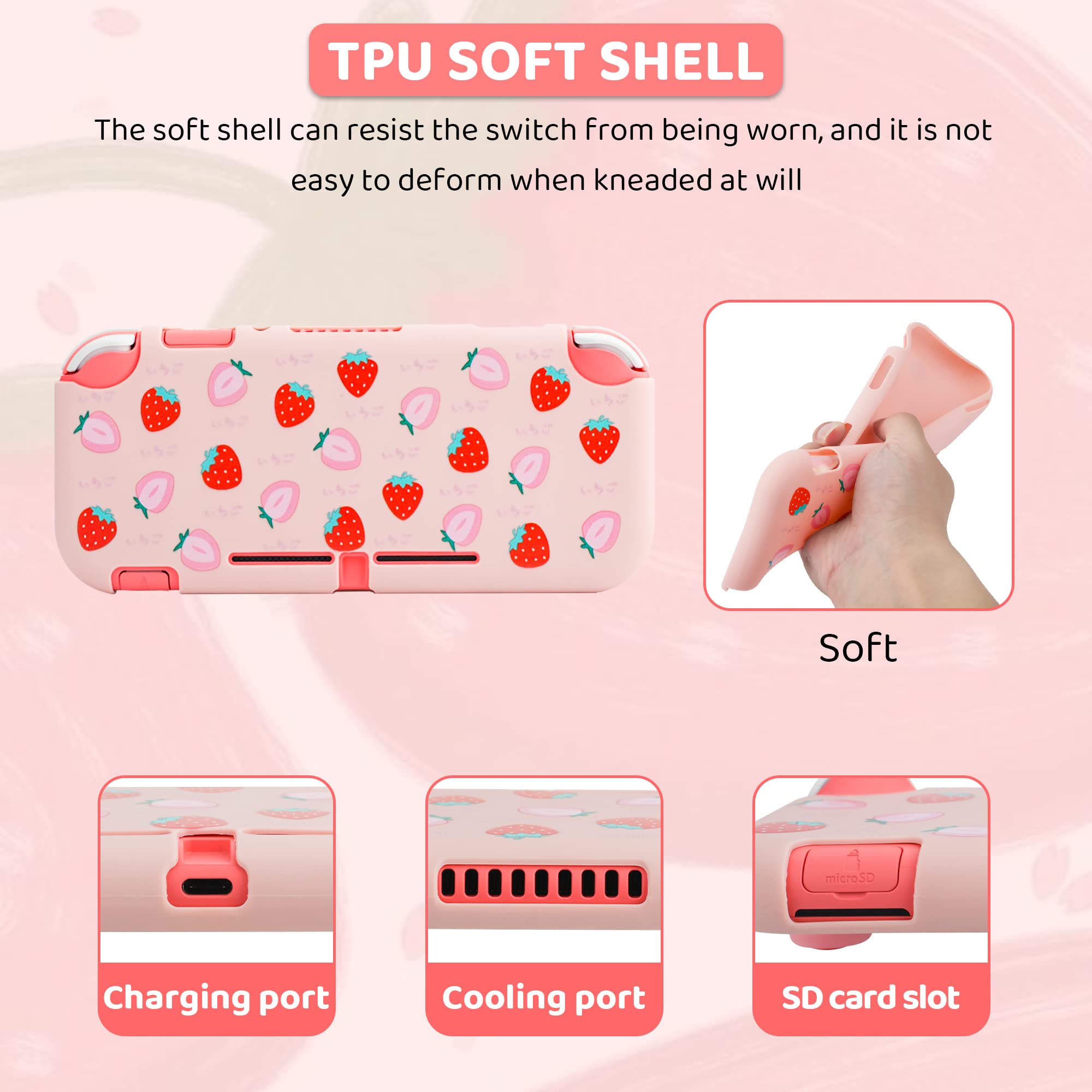 **FUNDIARY Nintendo Switch Lite Carrying Case - Pink Strawberry Design, Slim Portable Storage Bag with Soft TPU Cover, Shoulder Strap, Screen Protector & 2 Thumb Grips - Perfect for Travel, Gaming On-The-Go & Protective Storage**