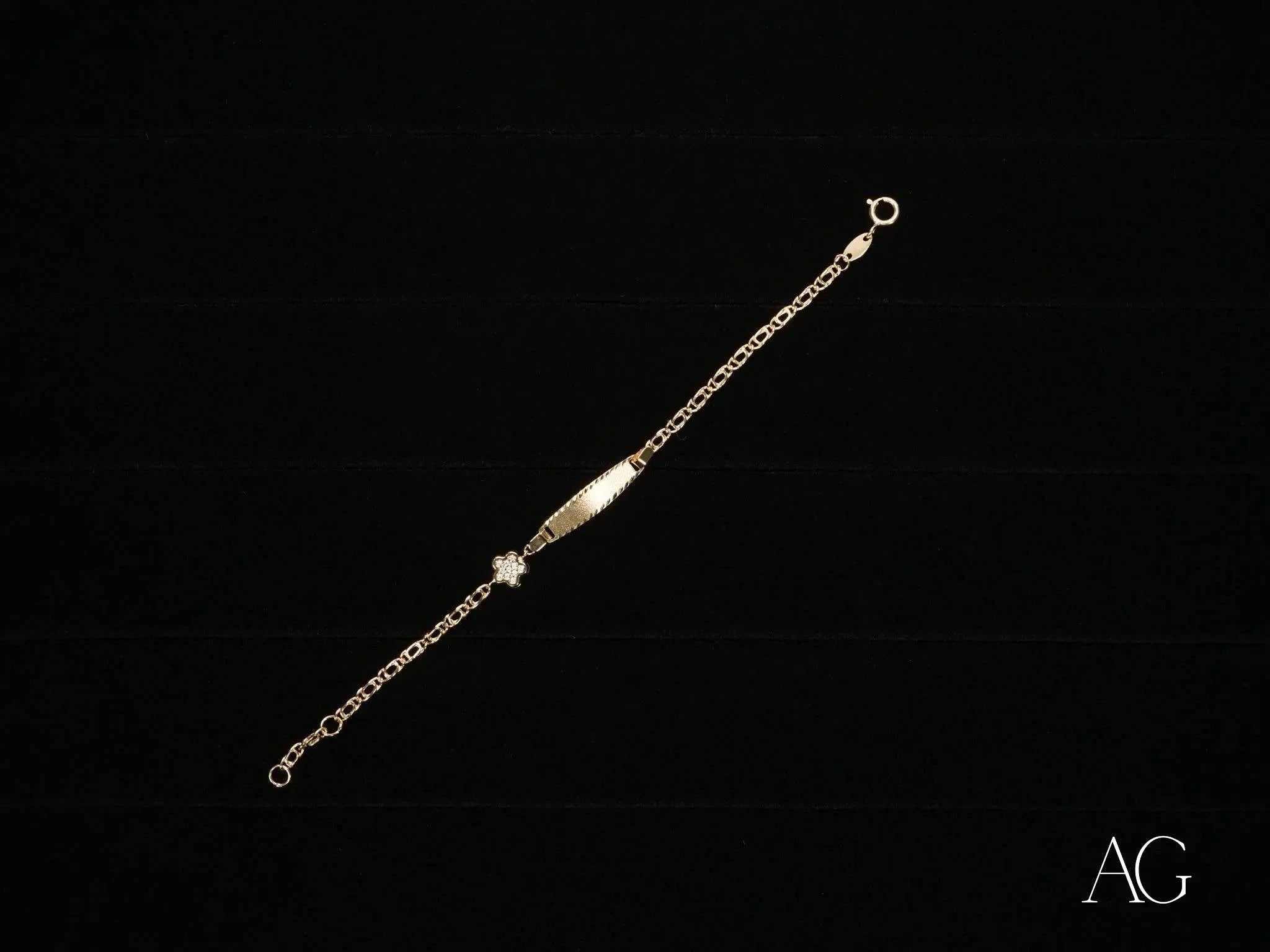 18K Gold Kids ID Bracelet with Floral Motif & Spring Ring Lock - Personalized Name Jewelry Gift for Girls & Boys, Birthday & Special Occasions