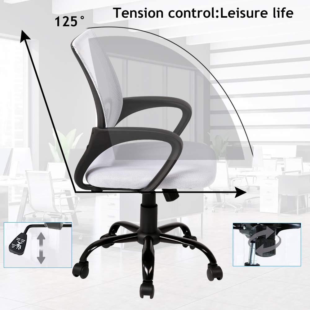 Ergonomic Office Chair with Lumbar Support - Adjustable Height Mesh Computer Desk Chair with Armrests - Modern Swivel Task Chair for Women & Men - White - Perfect for Home Office, Gaming & Workspaces