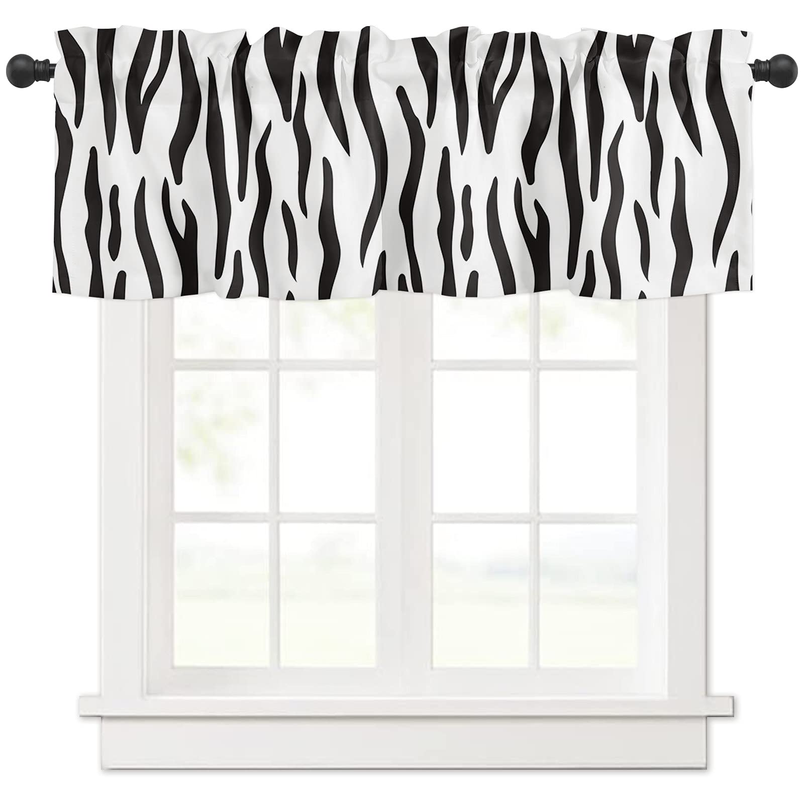 Zebra Print Valance Curtains for Kitchen & Bedroom Windows - 54x18 Inch Rod Pocket Window Treatments with Animal Skin Design - Perfect for Living Room & Home Decor