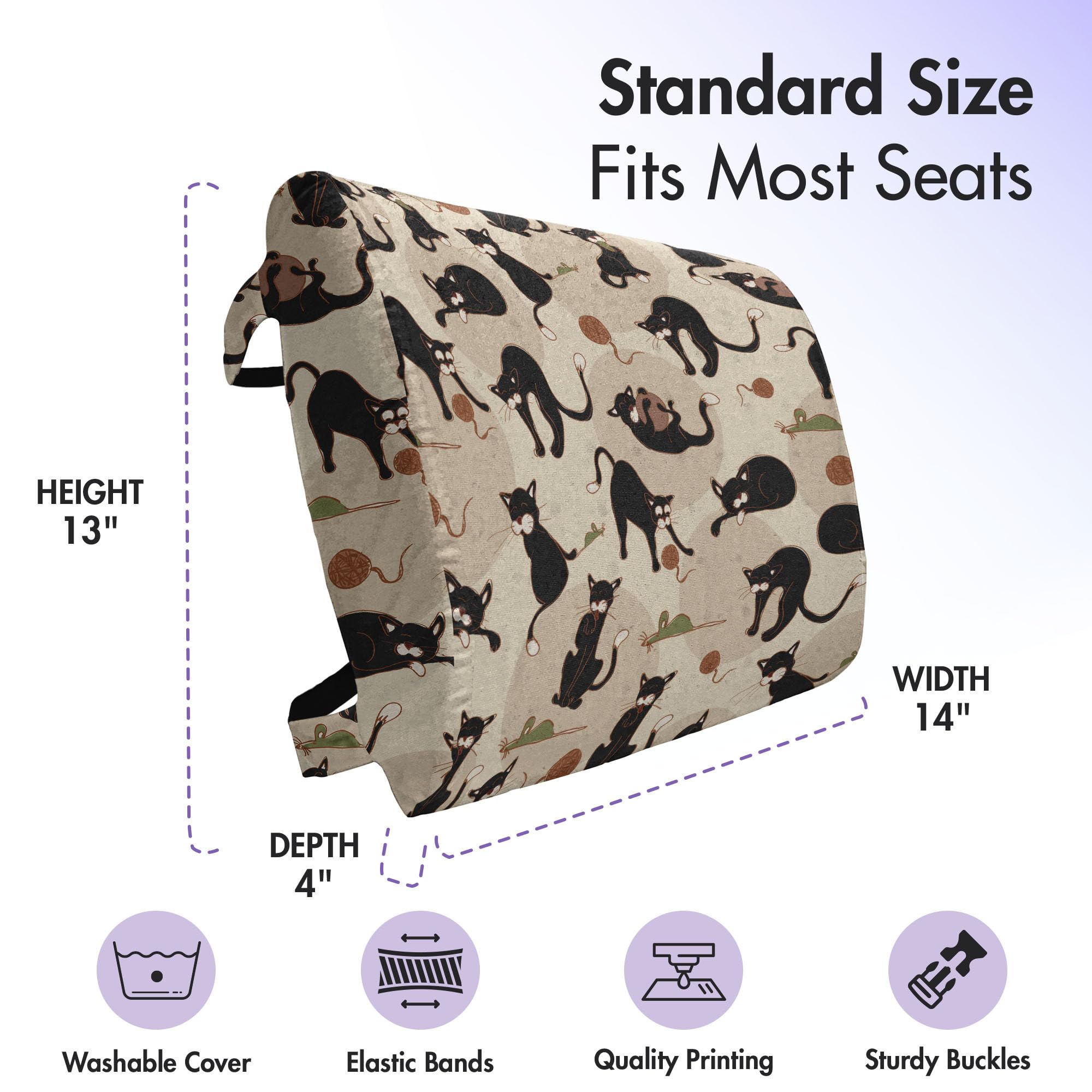 Ambesonne Cat Lumbar Support Pillow - Hand Drawn Feline Design with Playing Kittens - High Density Foam Back Cushion for Office Chair & Car Seat - 14x13 Inches - Black Tan Sea Green - Perfect for Home Office, Gaming Chair & Long Drives