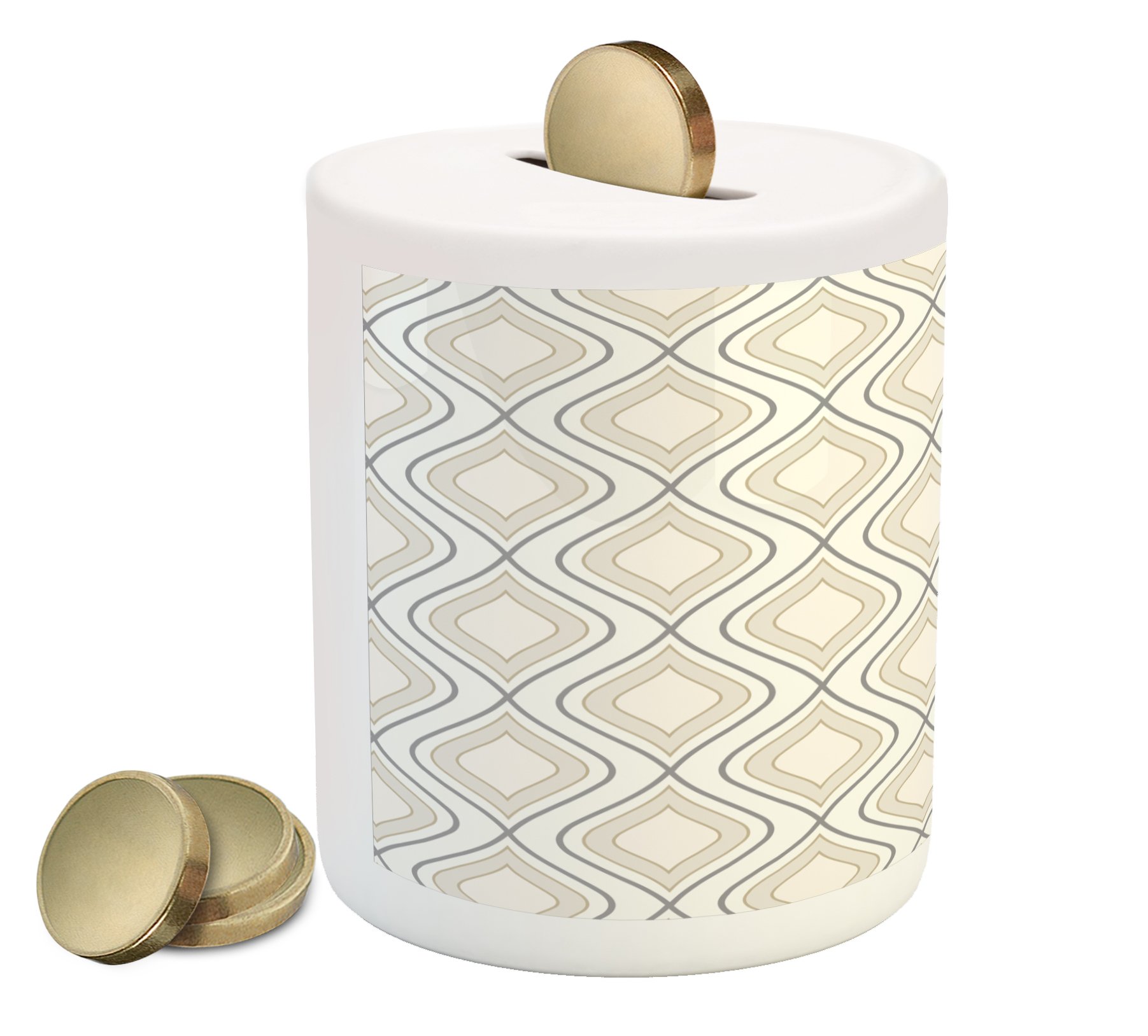 Ambesonne Ivory Ceramic Piggy Bank with Abstract Wavy Stripes Design - Money Saving Coin Bank for Kids & Adults - Perfect for Birthday Gifts, Home Decor, and Financial Education