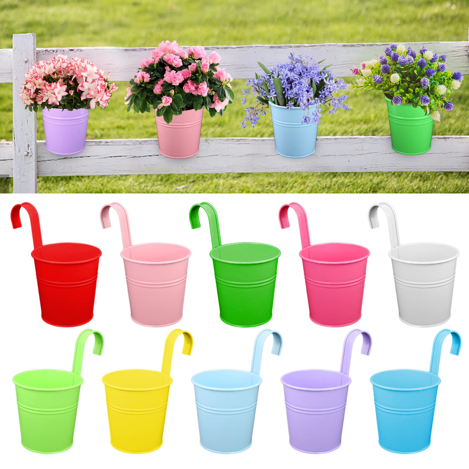 4 Inch Metal Iron Hanging Flower Plant Pots - 10 Pack Colorful Balcony Garden Planters with Detachable Hooks for Indoor Outdoor Decor, Wall Fence, Patio, and Vertical Gardening (Assorted Colors)