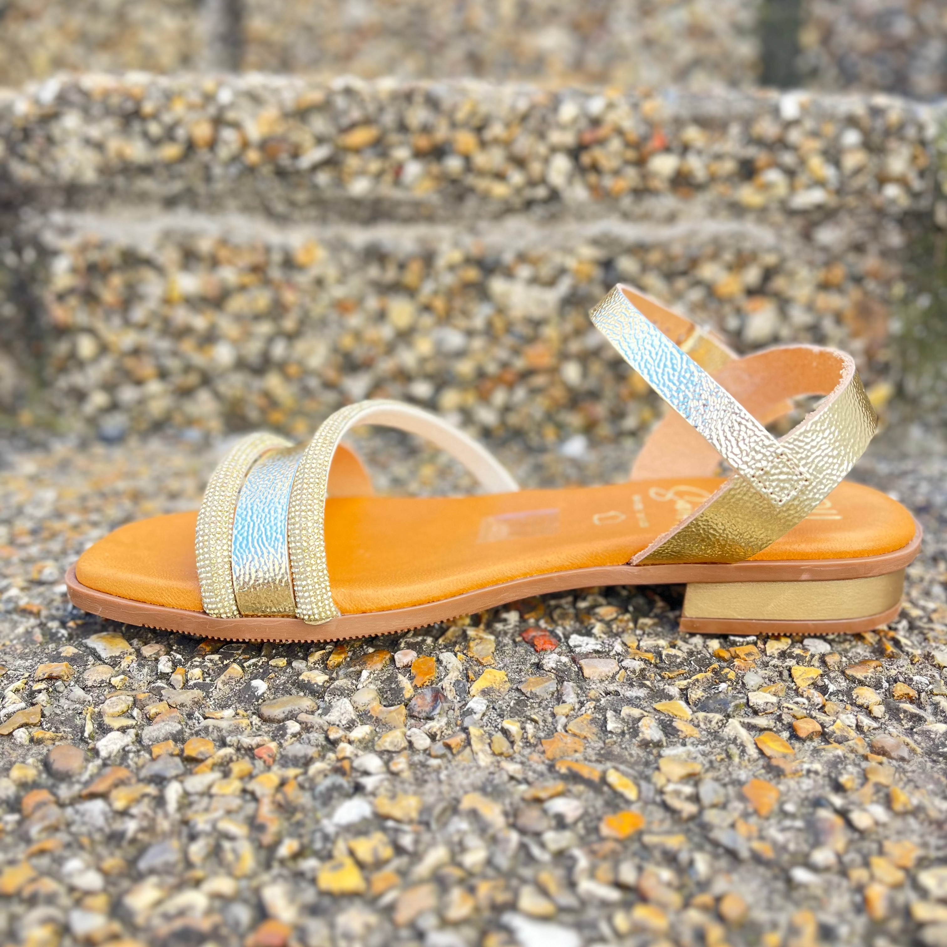OH MY SANDALS Women's Gold Glitter Diamante Flat Sandals - Comfortable Summer Beach Wedding Slides for Women | Perfect for Vacation, Pool Party & Casual Outings