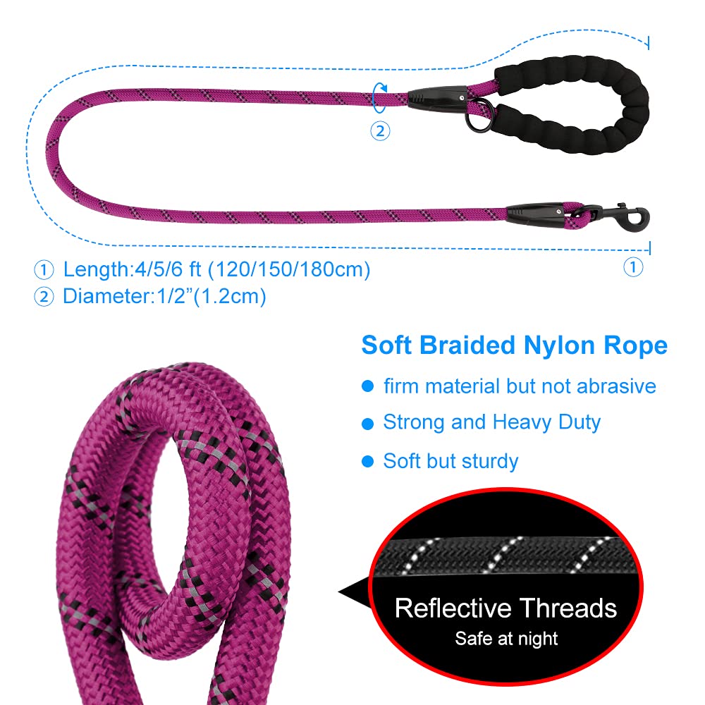 Plutus Pet Heavy Duty Rope Dog Leash with Comfortable Padded Handle - Reflective, Durable 4/5/6 FT Leash for Small, Medium & Large Dogs (1/2