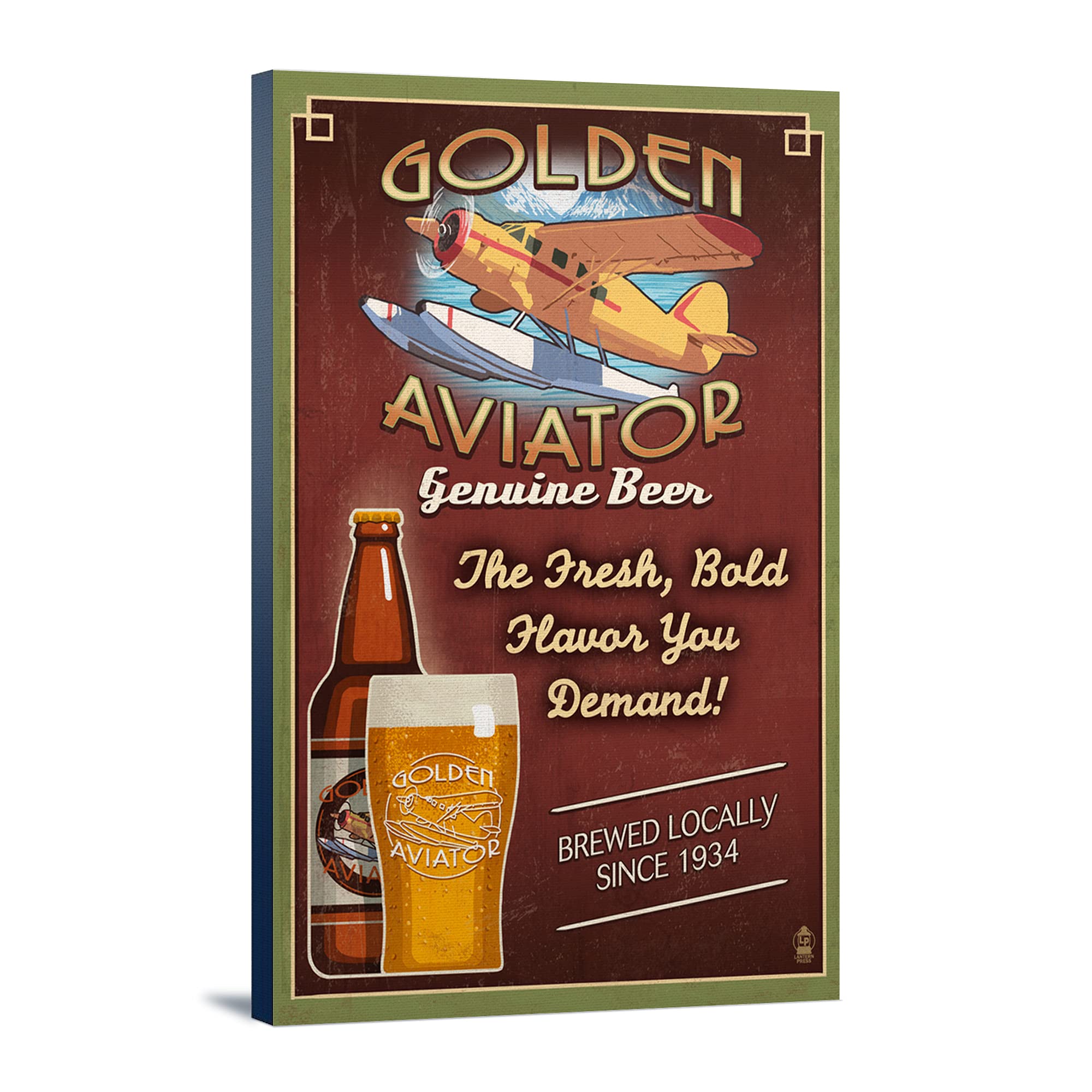 Vintage Aviator Beer Sign - 16x24 Wrapped Canvas Wall Art Decor for Home, Bar & Man Cave - Retro Aviation Themed Painting for Living Room & Office