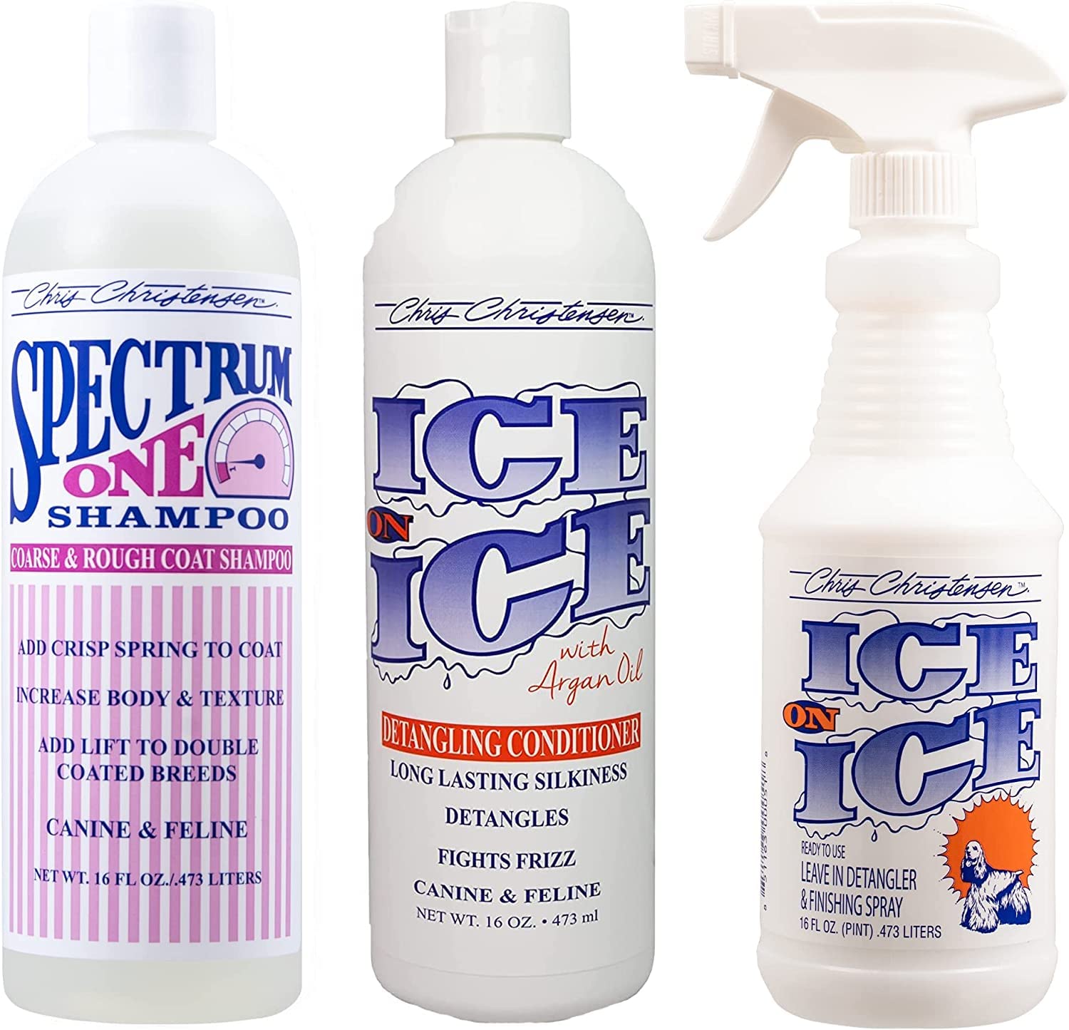 **Chris Christensen Spectrum One Shampoo & Ice on Ice Conditioner 16 oz Bundle – Professional Dog Grooming Kit with Detangling Spray | Made in USA | Perfect for Show Dogs & Daily Pet Care**