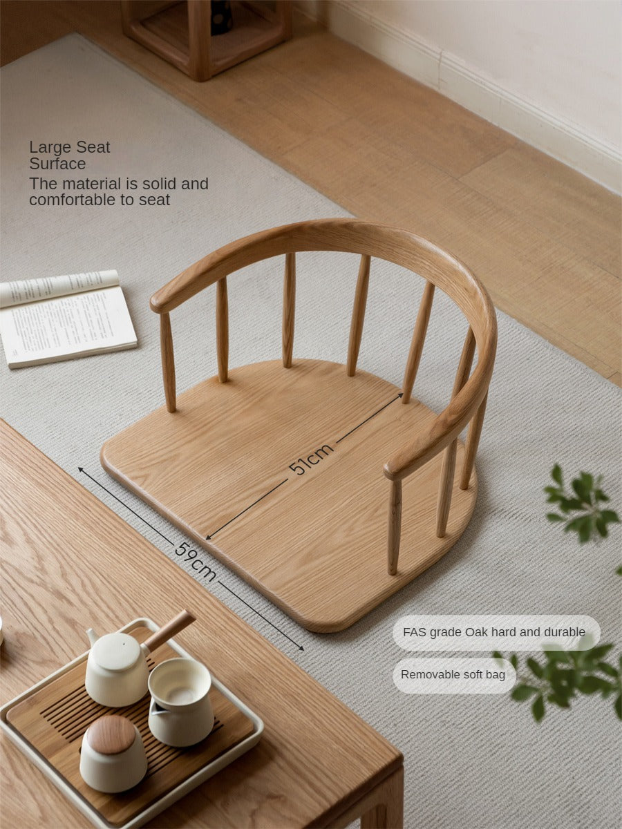 Solid Oak Wood Low Circle Floor Chair - Modern Japanese Style Tea Ceremony Seating for Meditation, Yoga & Relaxation at Home