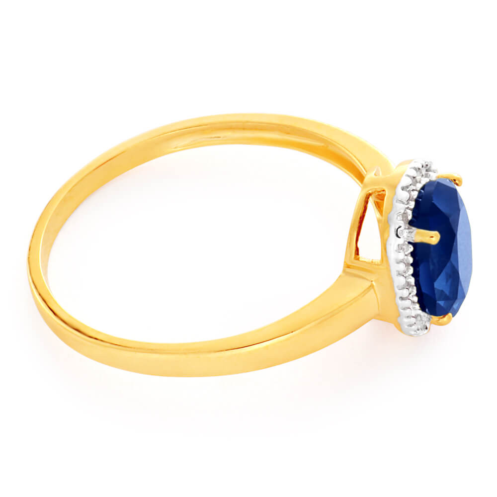 9ct Yellow Gold & White Gold Created Sapphire and Diamond Ring for Women - Elegant Engagement, Wedding, Anniversary Jewelry Gift - Perfect for Proposals, Bridal Sets & Special Occasions
