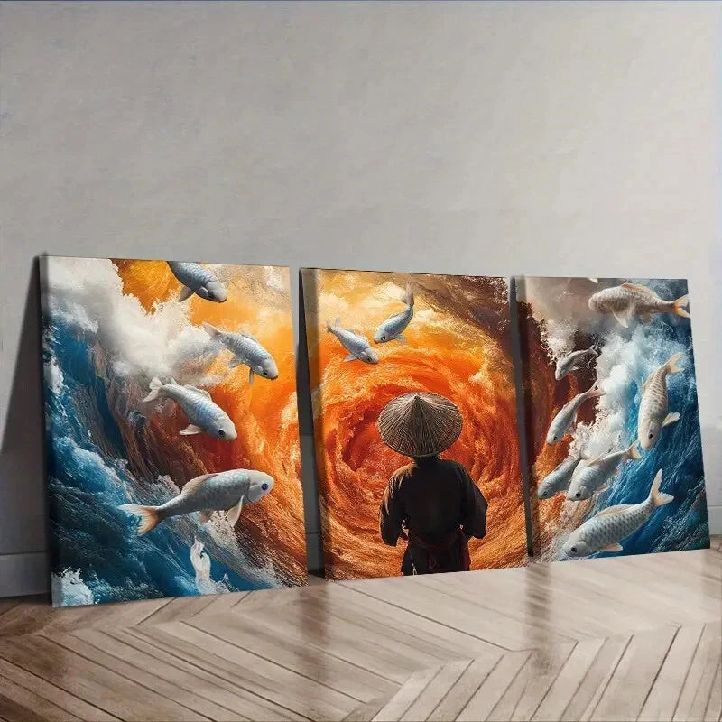 3pcs Fisherman & Koi Fish Wall Art Canvas Set - Framed 40x60cm High Quality Print - 100% Australian Made - Ready to Hang - Perfect for Living Room, Bedroom & Office Decor